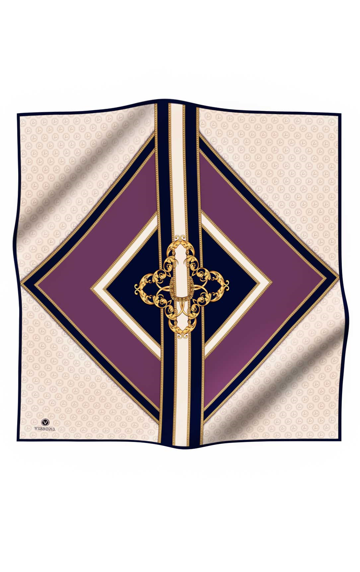 %100 Twill İpek Monogram ve Barok Desenli Lila - Lacivert Renkli 90x90 Eşarp Dikim Şekli : El Dikişi