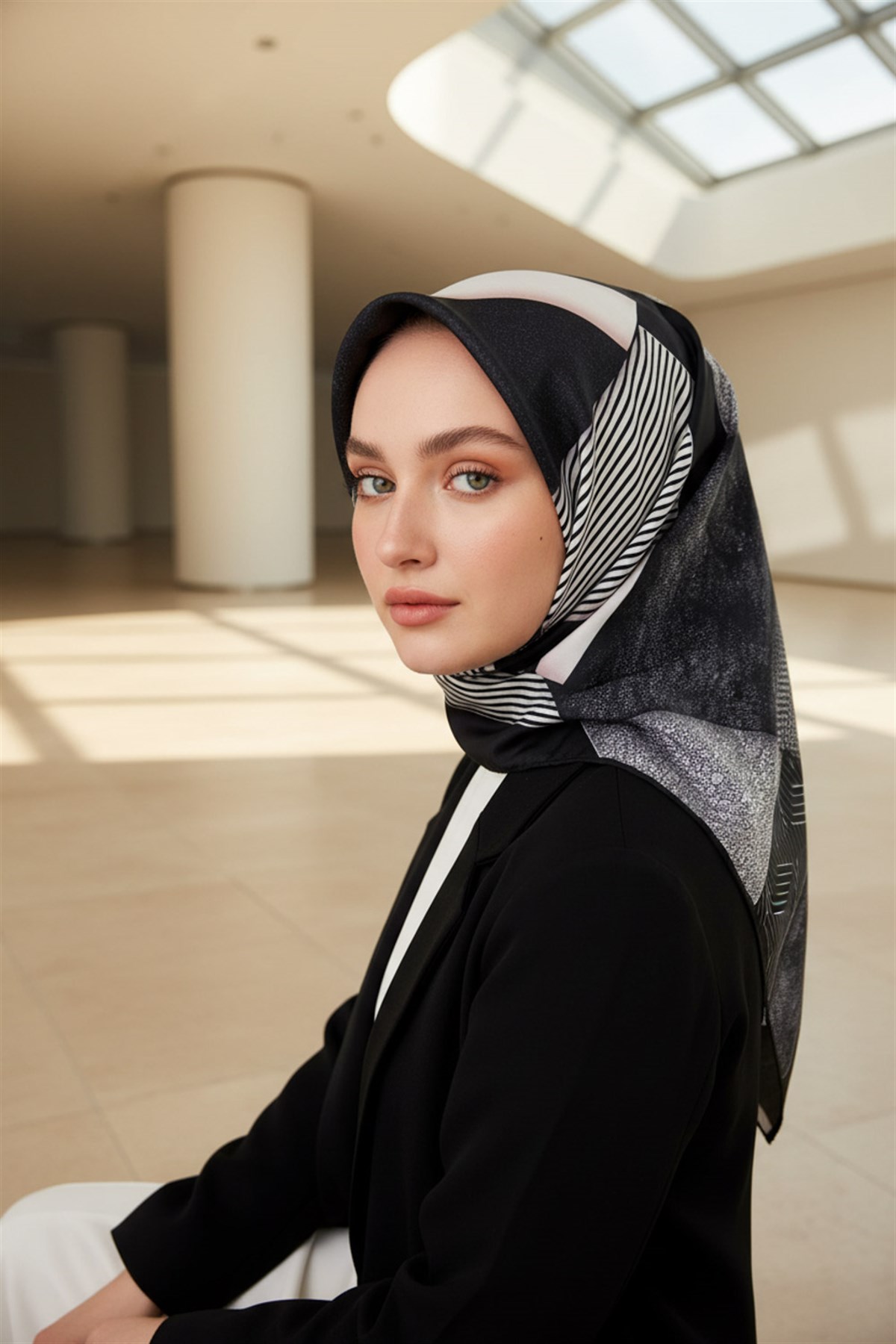 %100 Twill İpek Dokulu ve Geometrik Desenli Siyah - Kremi Renkli 90x90 Eşarp Dikim Şekli : El Dikişi