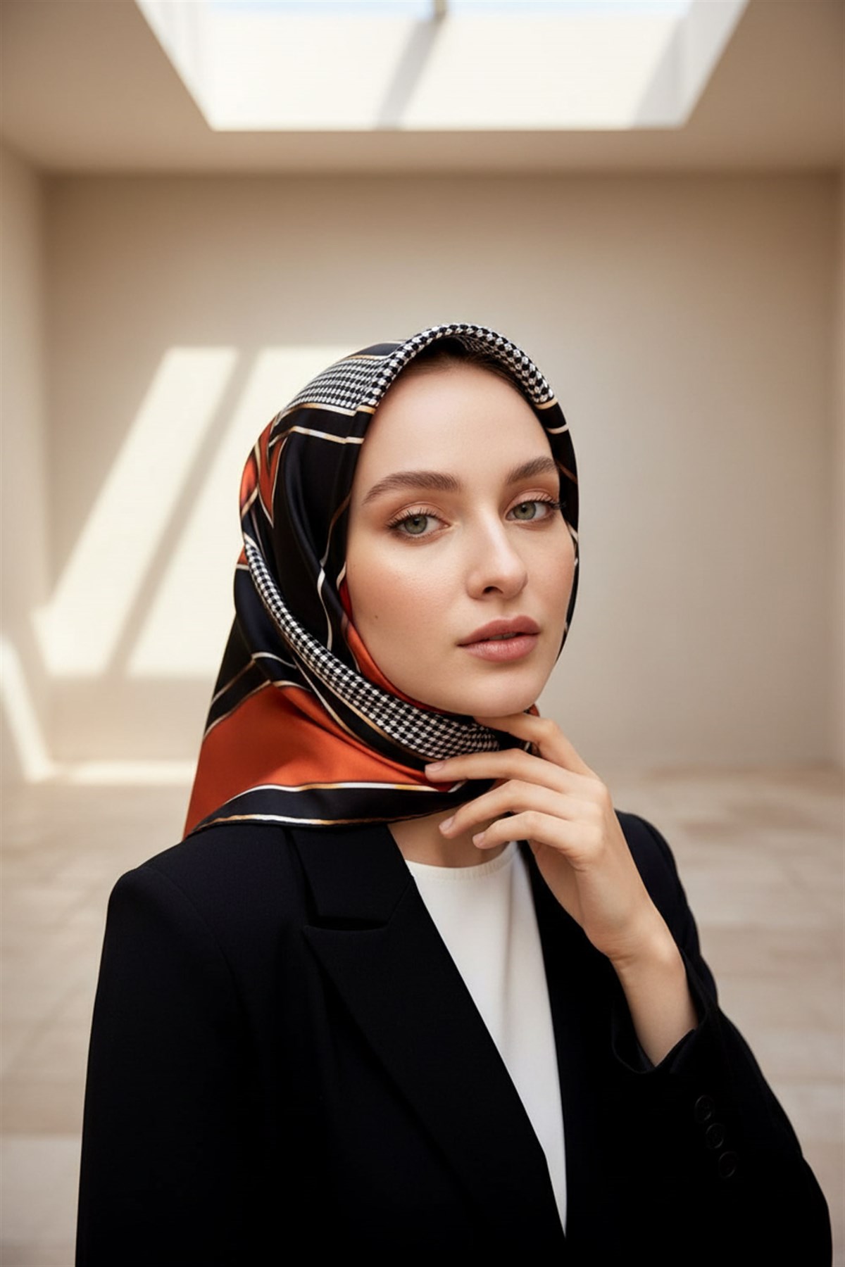 %100 Twill İpek Kareli Kazayaklı Desenli Taba - Siyah Renkli 90x90 Eşarp Kenar Dikiş Şekli El Dikişli