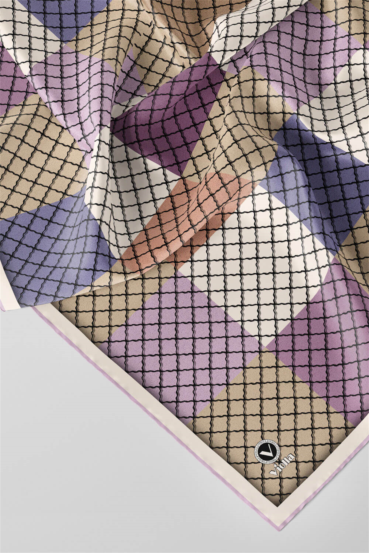 Twill Kare Desenli Lila Renkli 90x90 Eşarp (İpek İçermez) Kenar Dikiş Şekli El Dikişli