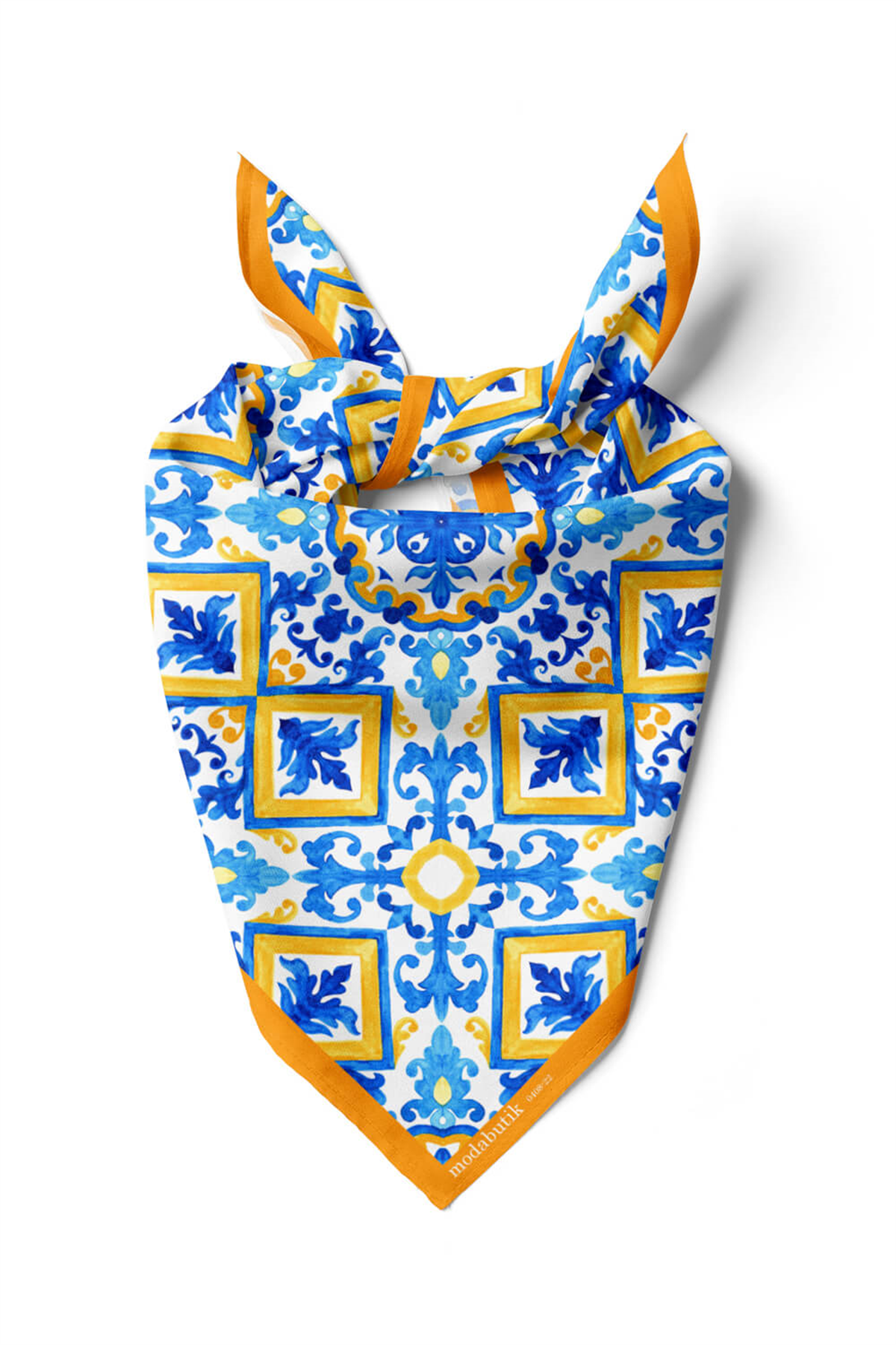 A31 Kadın Egzotik Desenli Bandana 50x50 Sarı Mavi DG0408-22 Snz