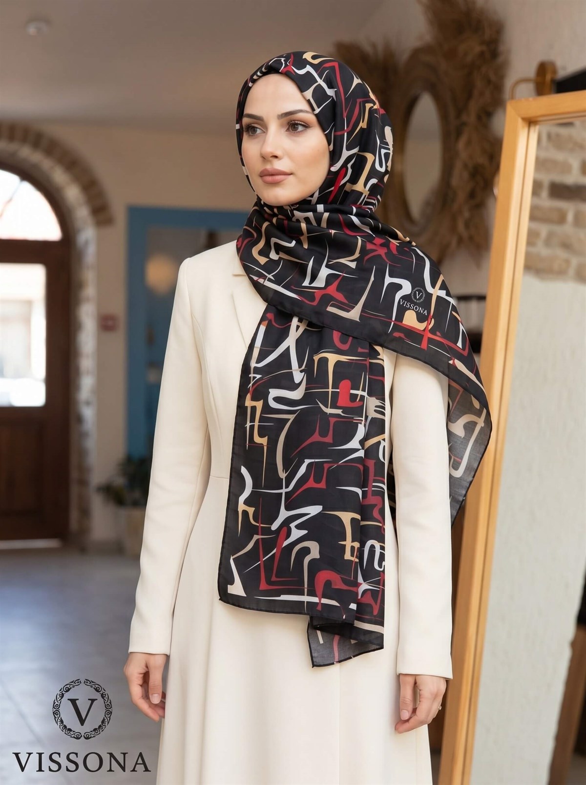 %100 Saf İpek Şal İnce Saten Vual Dokuma Çizgili Desenli Siyah - Bordo Renkli 90x210 Şal