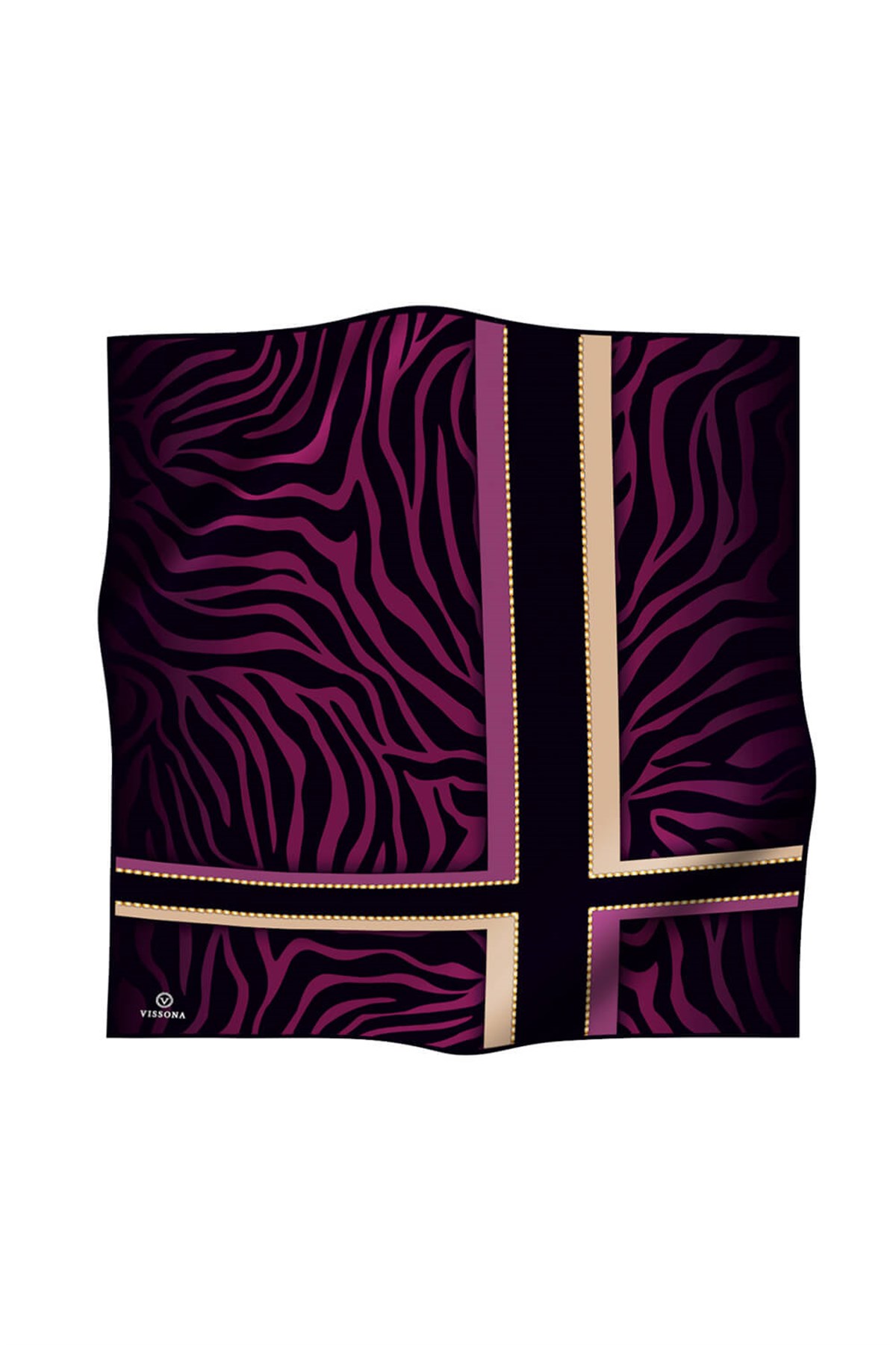 %100 Twill İpek Zebra Desenli Mürdüm - Bej Renkli 90x90 Eşarp Dikim Şekli : El Dikişi