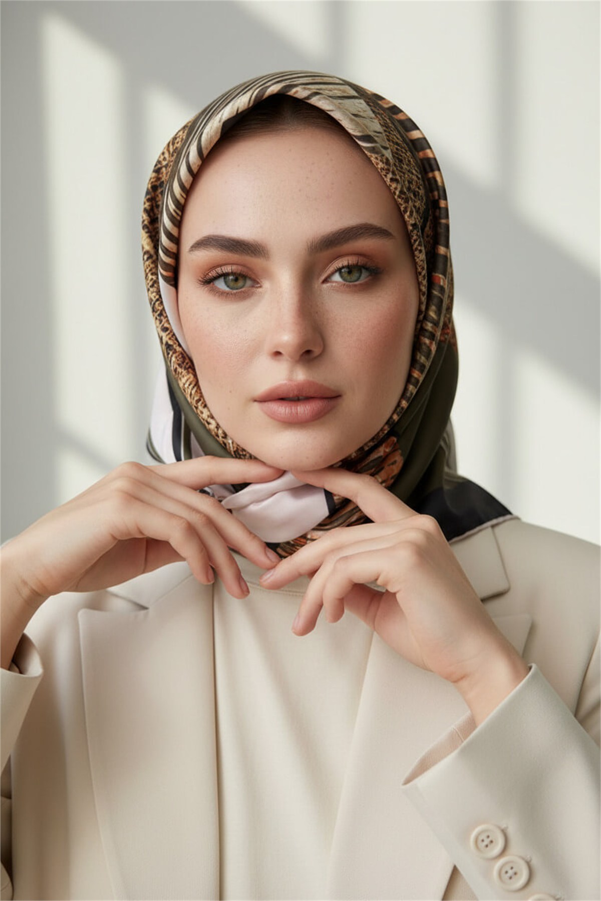 Twill Dalgalı Geometrik Desenli Haki Renkli 90x90 Eşarp (İpek İçermez) Kenar Dikiş Şekli El Dikişli