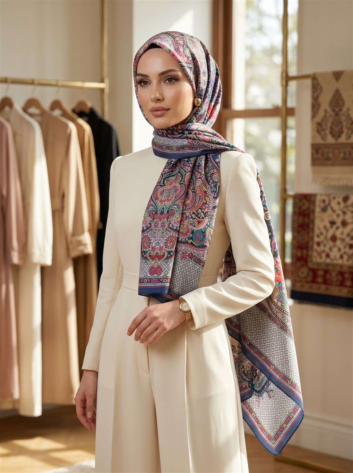%100 İPEK ETRO DESENLİ LACİVERT - TURUNCU RENKLİ ŞAL