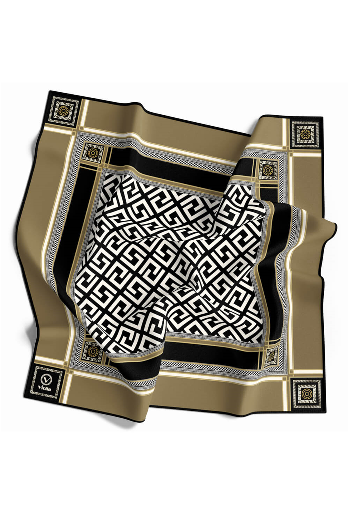 Twill Antik Desenli Bej Renkli 90x90 Eşarp (İpek İçermez) Kenar Dikiş Şekli El Dikişli