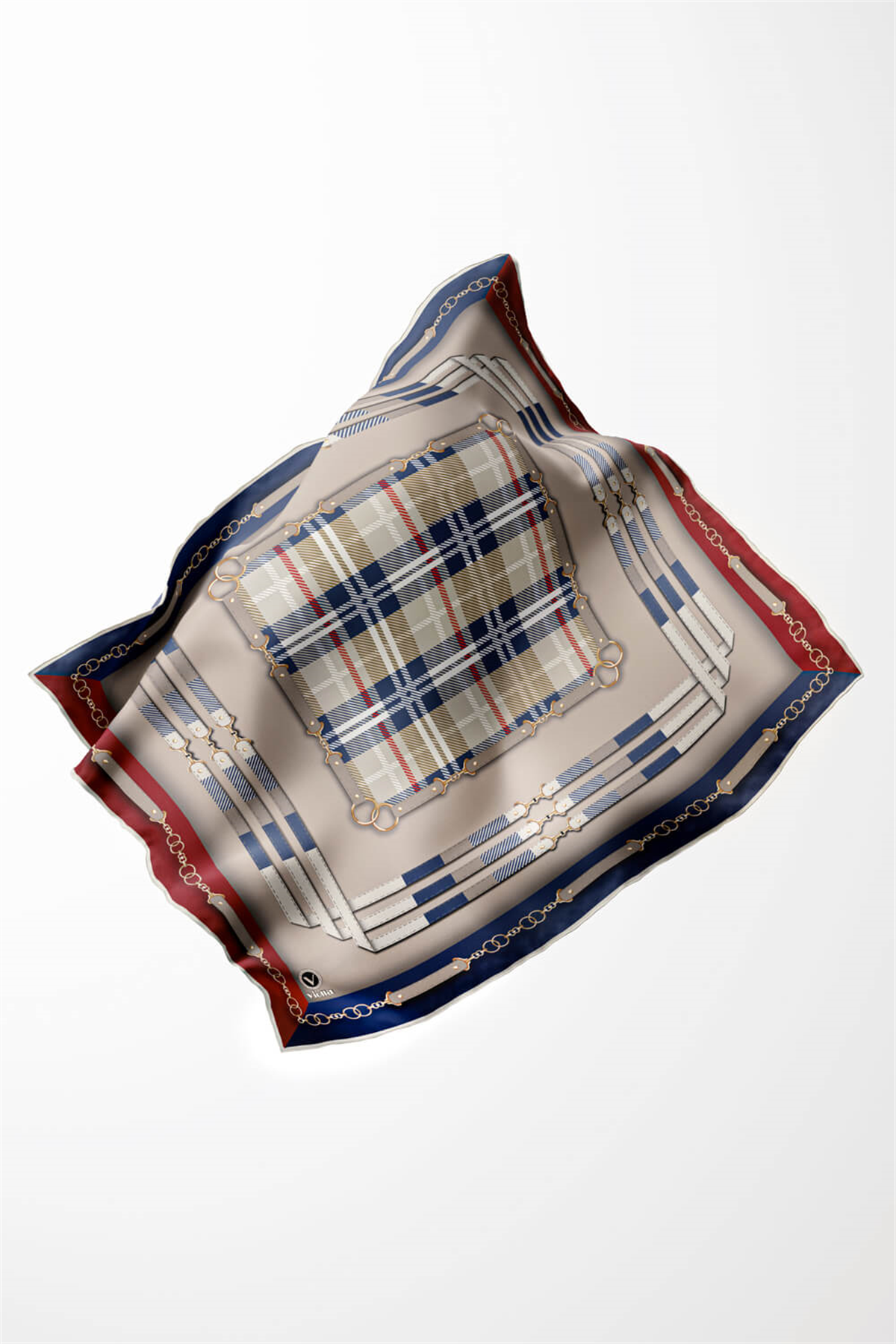 Twill Ekoseli Ve Zincir Desenli Bordo - Lacivert Renkli 90x90 Eşarp (İpek İçermez) Dikim Şekli : El Dikişi