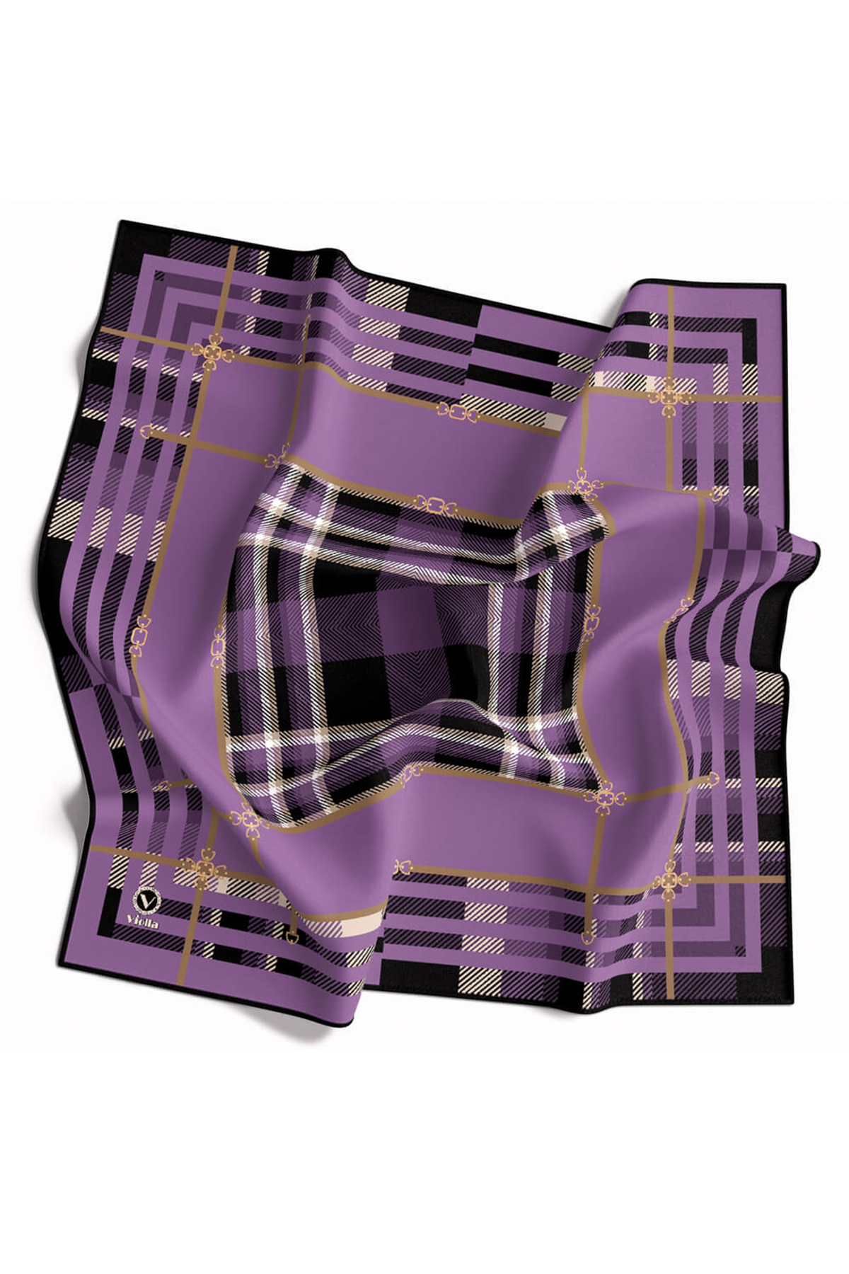 Twill Kemerli ve Ekose Desenli Lila Renkli 90x90 Eşarp (İpek İçermez)Kenar Dikiş Şekli El Dikişli