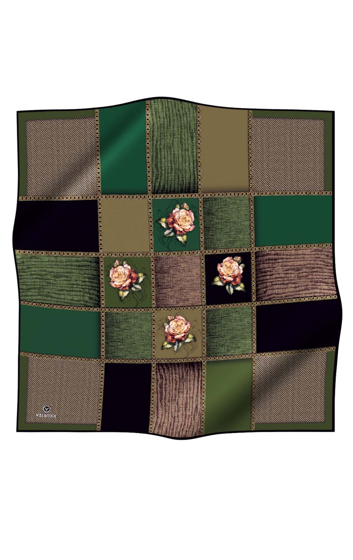 %100 Twill İpek Dokulu Çiçekli Ve Geometrik Desenli Zümrüt Yeşili - Haki Renkli 90x90 Eşarp Dikim Şekli : El Dikişi