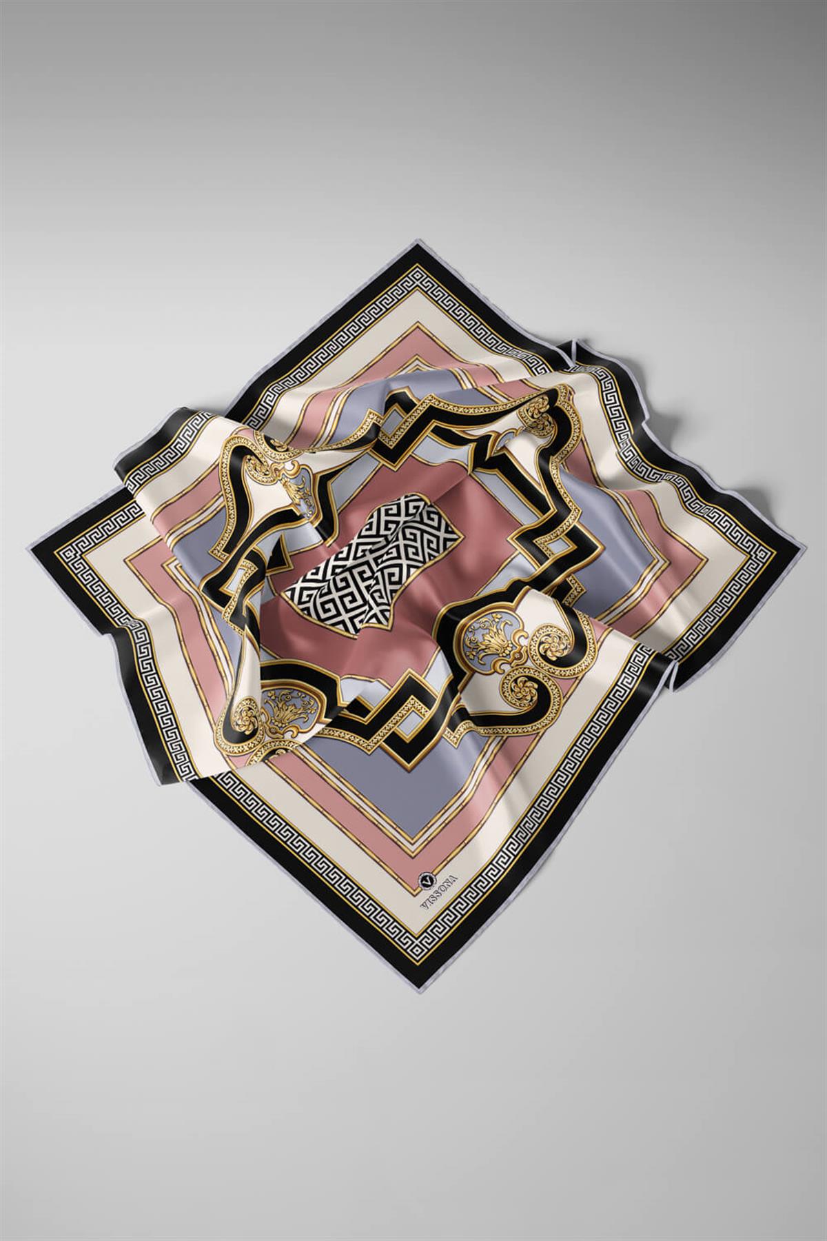 %100 Twill İpek Barok Desenli Pudra - Gri Renkli 90x90 Eşarp Dikim Şekli : El Dikişi