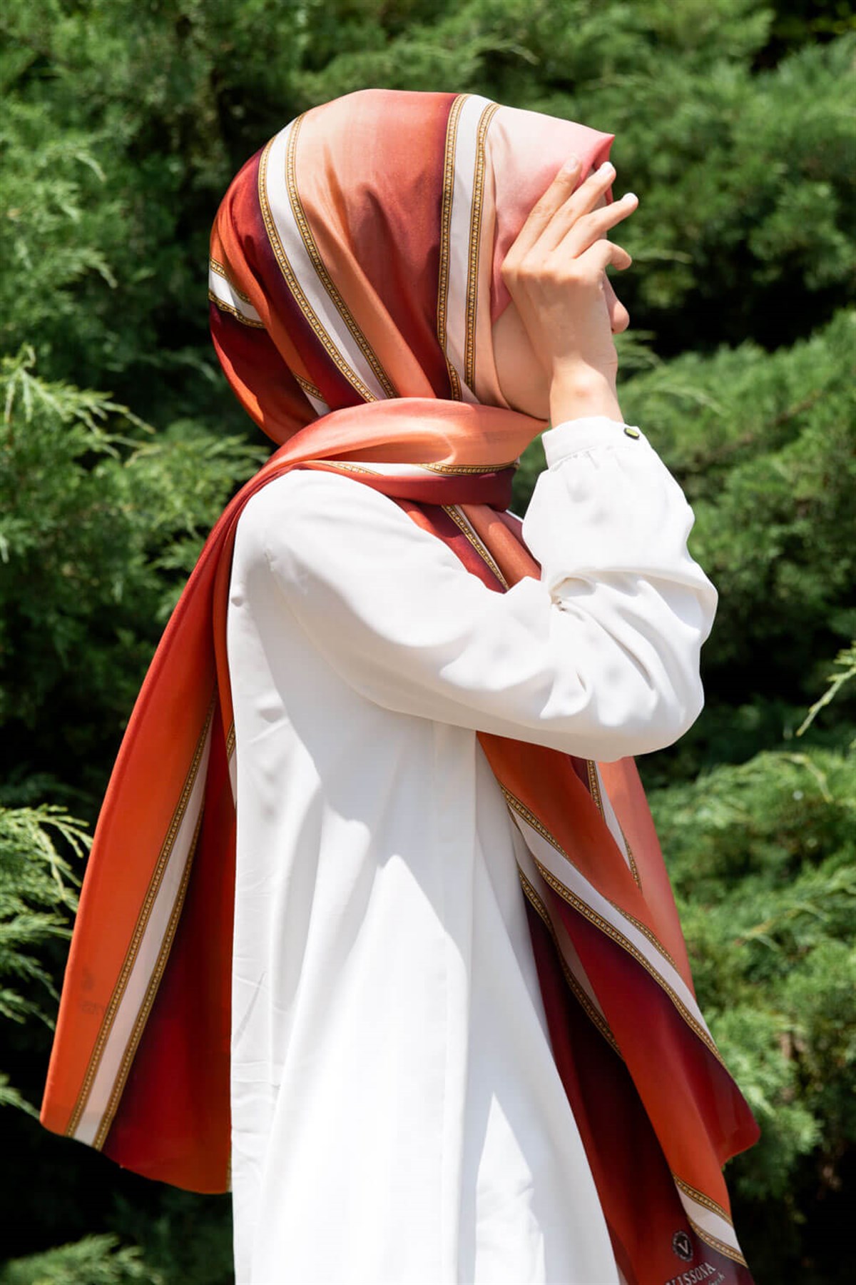 %100 İpek Şerit Desenli Taba - Krem Renkli 92x210 Şal