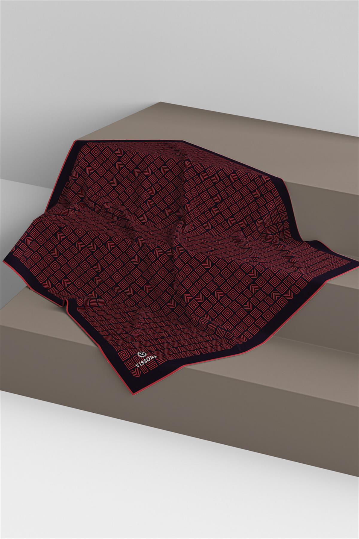 100% Twill İpek Etnik Motif Desenli Siyah - Kırmızı Renkli 90x90 Dikim Şekli : El Dikişi Eşarp