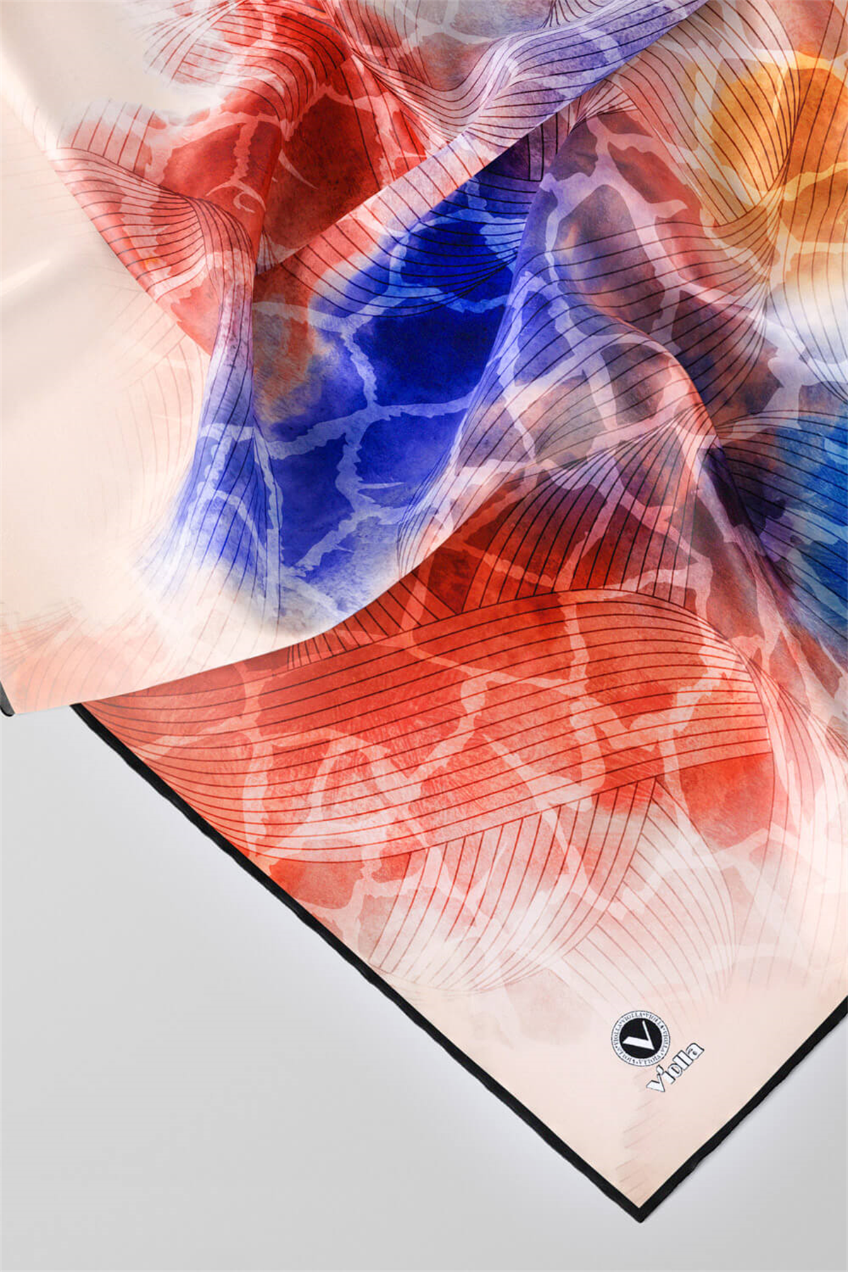 Twill Degradeli Ve Zürafa Desenli Kırmızı Renkli 90x90 Eşarp (İpek İçermez) Kenar Dikiş Şekli El Dikişli