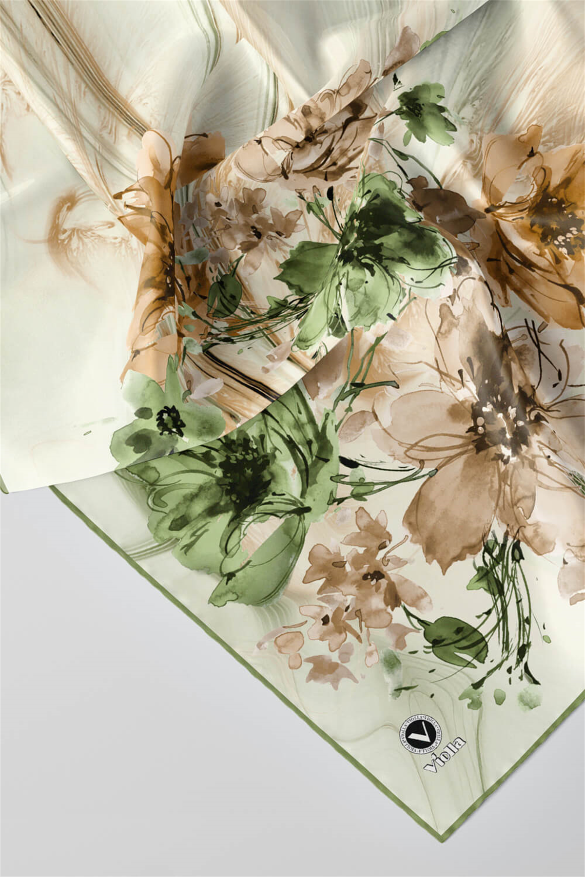 Twill Çiçek Desenli Haki Renkli 90x90 Eşarp (İpek İçermez) Kenar Dikiş Şekli El Dikişli