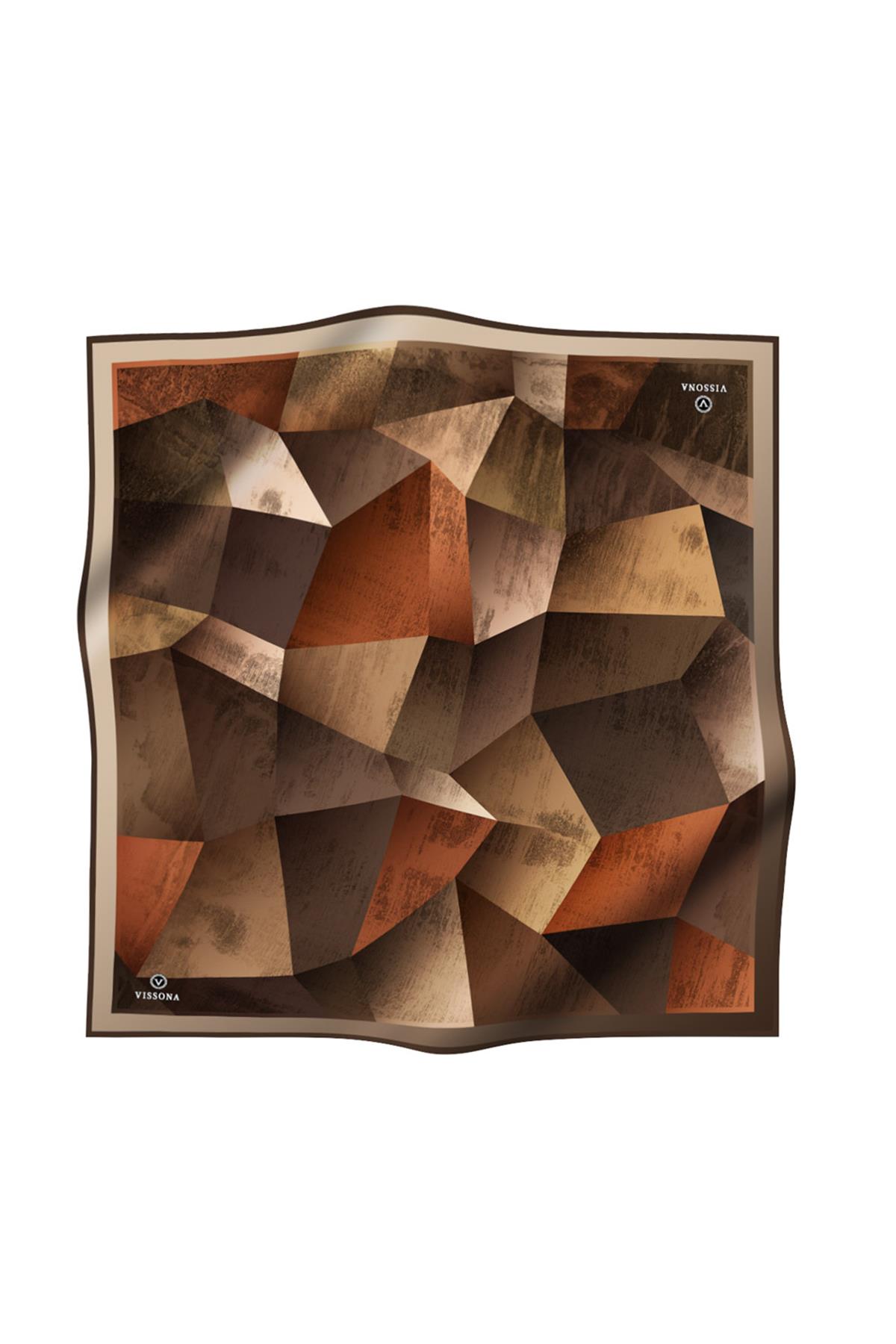 %100 Twill İpek Geometrik Desenli Taba - Kahverengi Renkli 90x90 Eşarp Dikim Şekli : El Dikişi