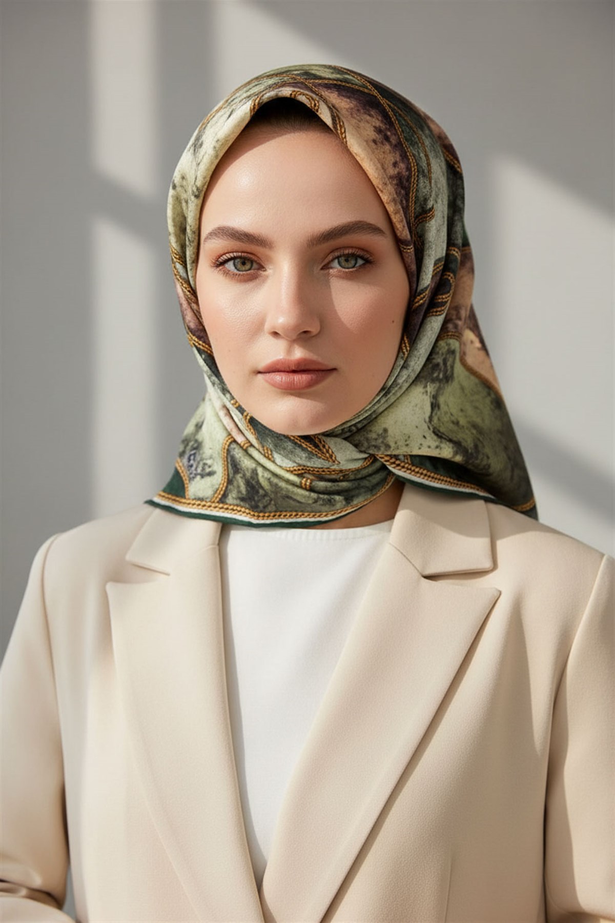 % 57 İPEK % 43 VİSKON Twill İpek Zincirli Mermer Desenli Zümrüt Yeşili - Haki Renkli 90x90 Eşarp Dikim Şekli : El Dikişi