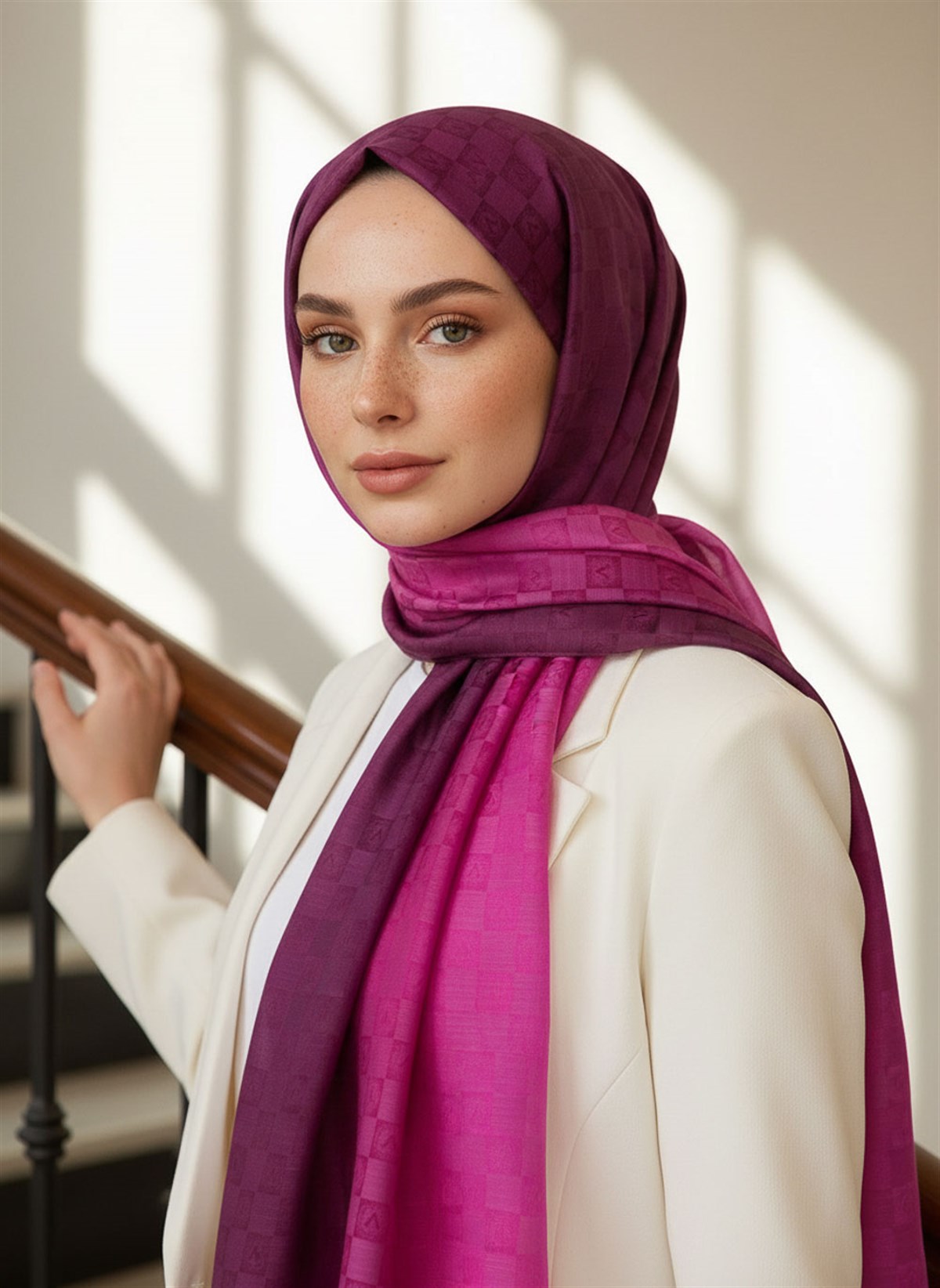 Vissona %57 İPEK %43 PAMUK Degrade Desenli Pembe Renkli Şal -  70x190 Dikiş Tipi İtalyan Dikişli