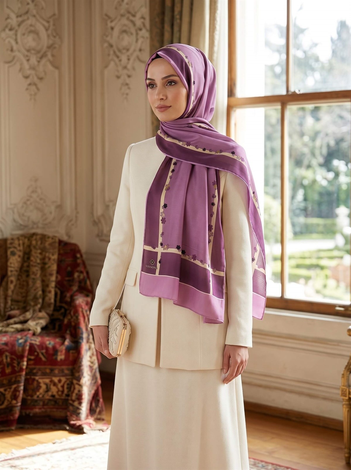 %100 Saf İpek Şal İnce Saten Vual Dokuma Çiçek Desenli Pembe Renkli 90x210 Şal