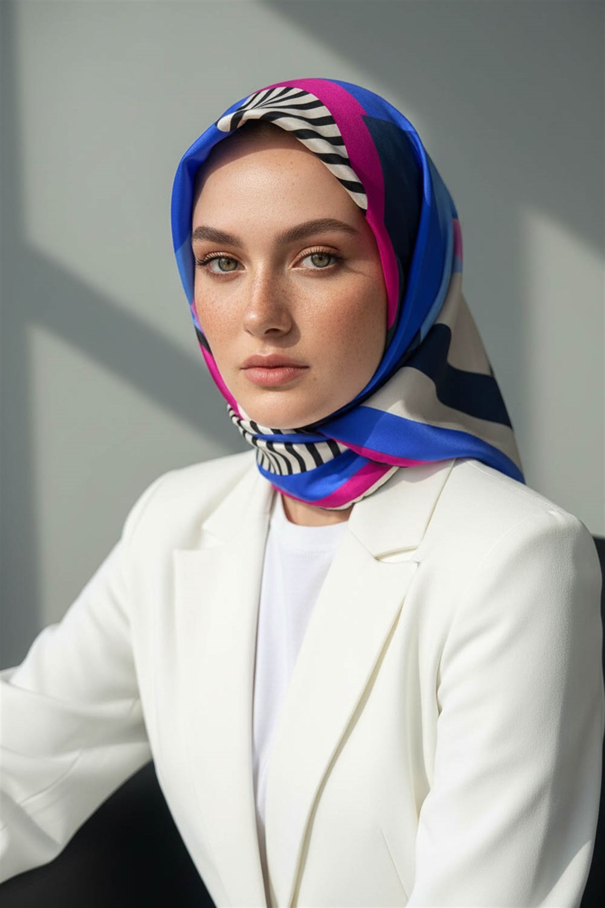 100% Twill İpek Geometrik Desenli Saks - Fuşya Renkli 90x90 Dikim Şekli : El Dikişi Eşarp