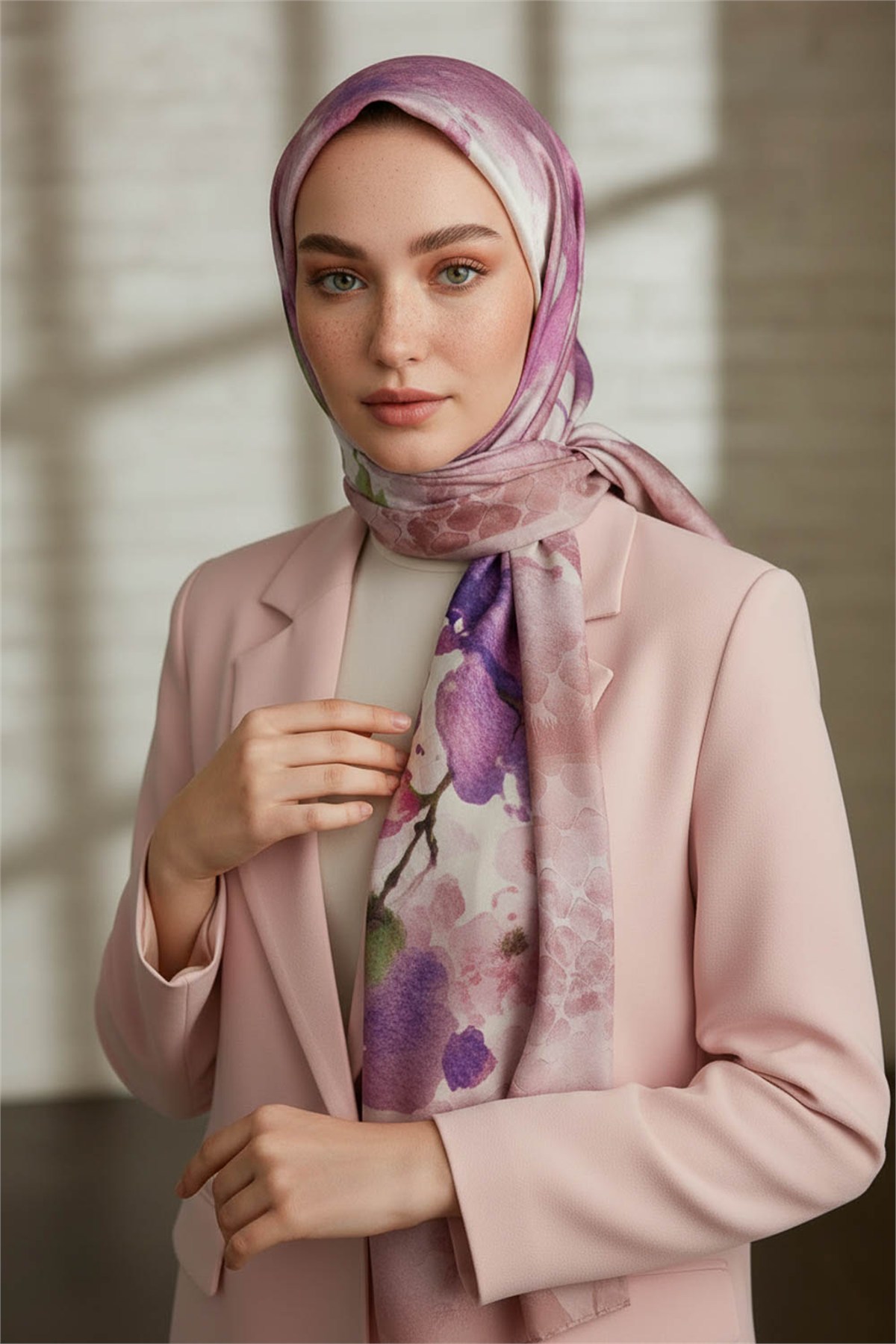 KREP SULU BOYA ÇİÇEK DESENLİ SOMON RENKLİ 75X195 KIRIŞMAZ ŞAL