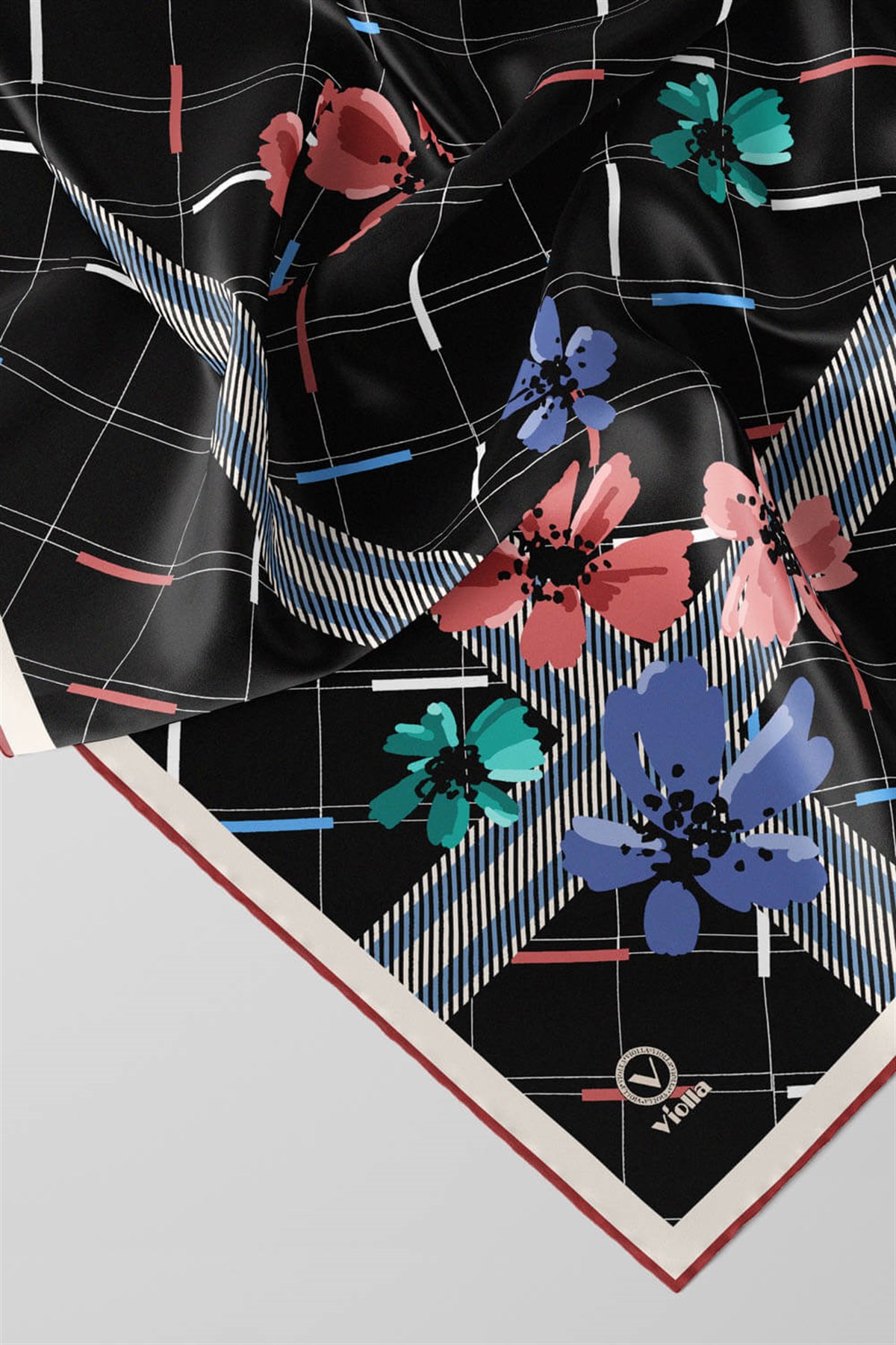 Twill Papatya Desenli Pudra Renkli 90x90 Eşarp (İpek İçermez) Kenar Dikiş Şekli El Dikişli