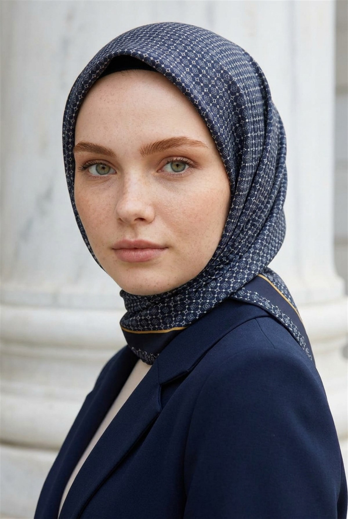 %100 Twill İpek Minik Motif Desenli Lacivert - Lacivert Renkli 90x90 Eşarp Dikim Şekli : El Dikişi