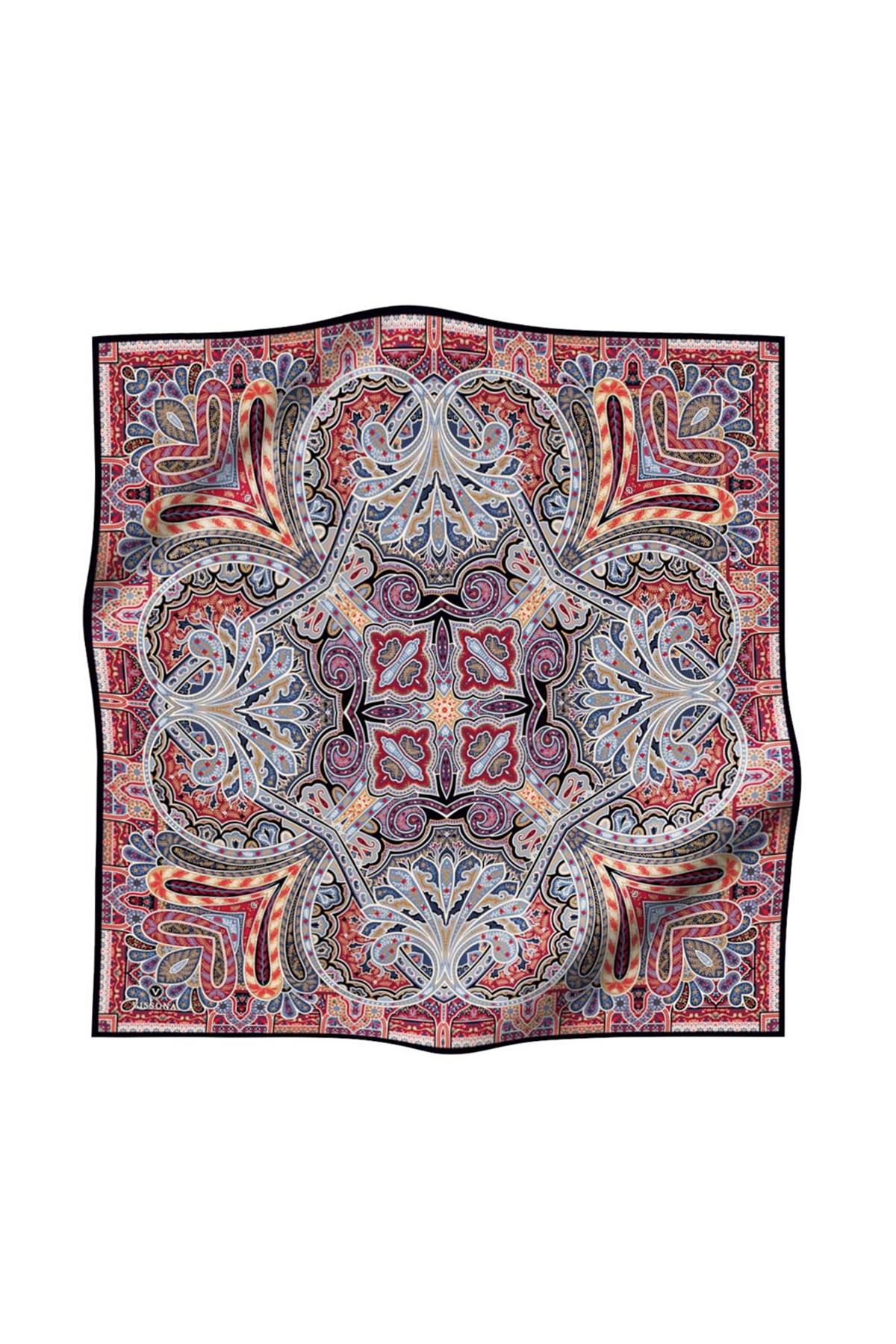 100% Twill İpek Etnik Desenli Bordo - İndigo Renkli 90x90 Dikim Şekli : El Dikişi Eşarp