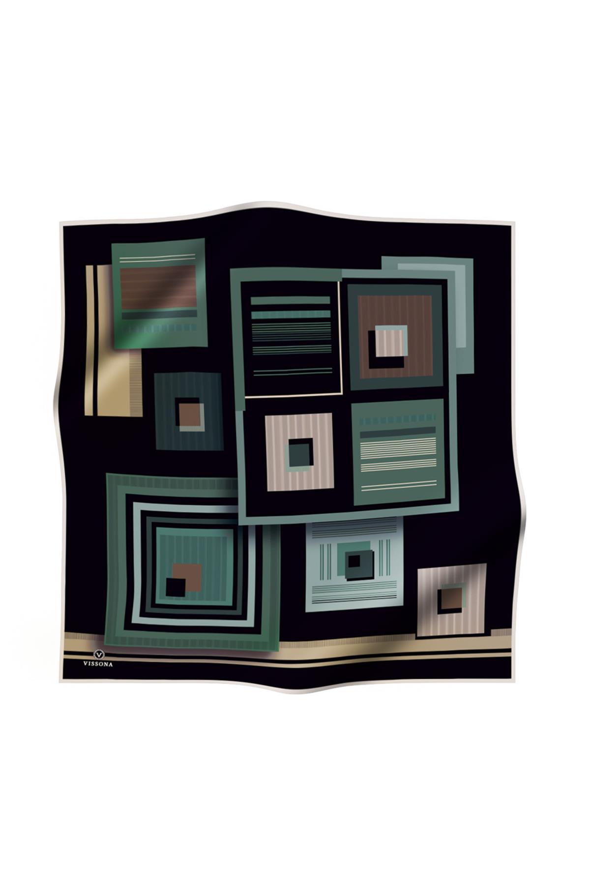 %100 Twill İpek Kare Desenli Siyah - Mint Yeşili Renkli 90x90 Eşarp Kenar Dikiş Şekli El Dikişli