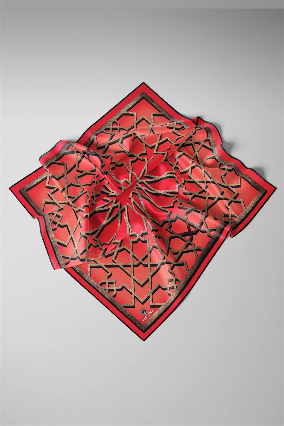 %100 Twill Türk Motifi  Desenli Nar Çiçeği Renkli 90x90 Eşarp Dikim Şekli: El Dikişi
