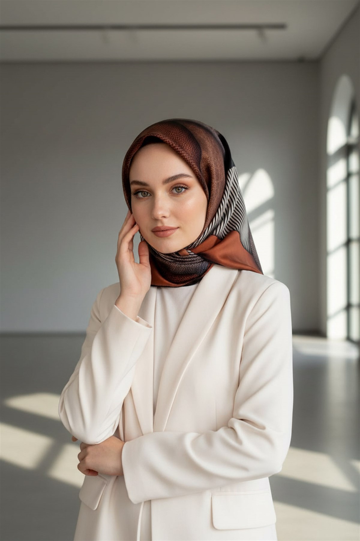 %100 Twill İpek Dokulu ve Geometrik Desenli Taba - Siyah Renkli 90x90 Eşarp Dikim Şekli : El Dikişi