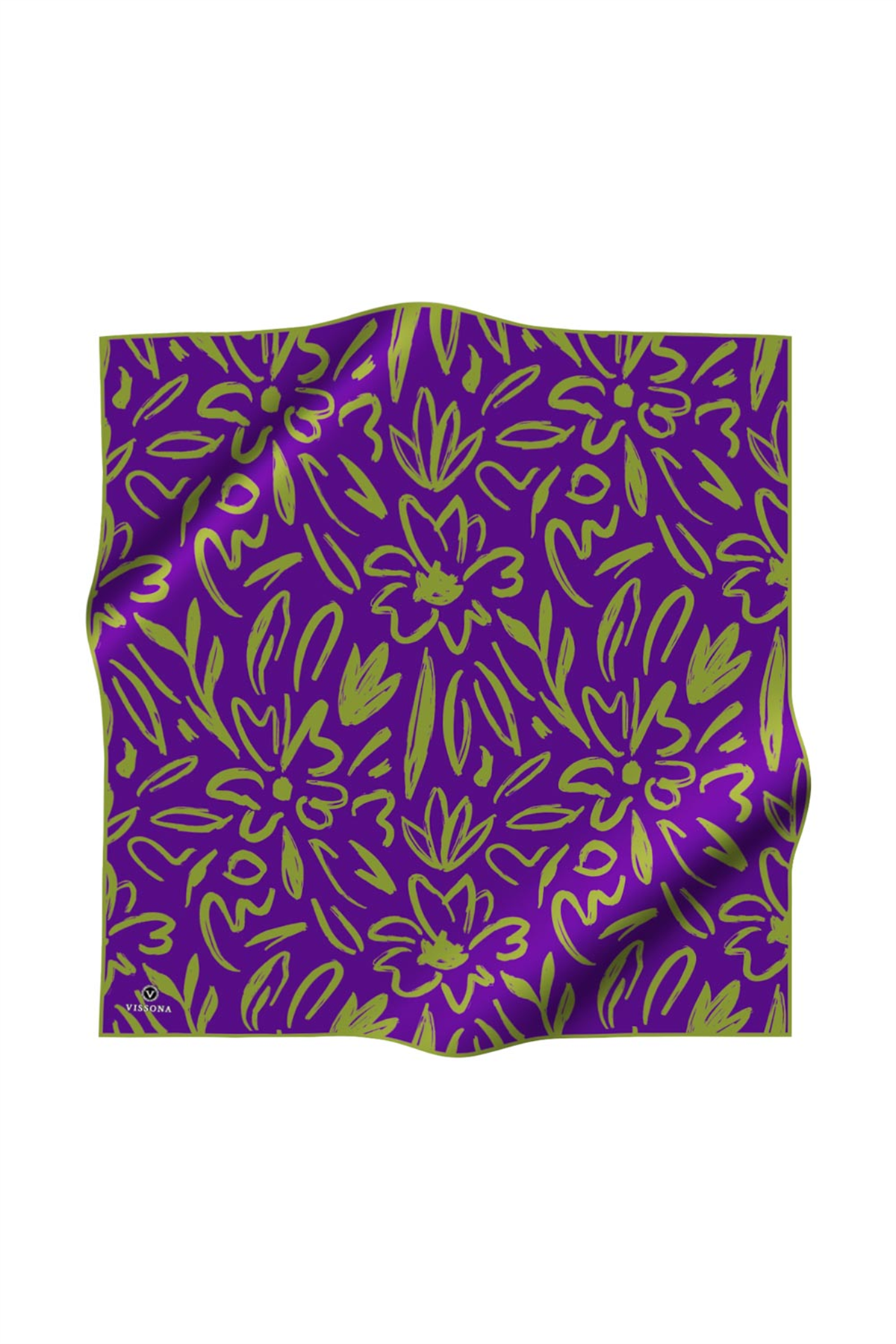 % 57 İPEK % 43 VİSKON Twill İpek Büyük Çiçek Desenli Mor - Haki Renkli 90x90 Eşarp Dikim Şekli : El Dikişi