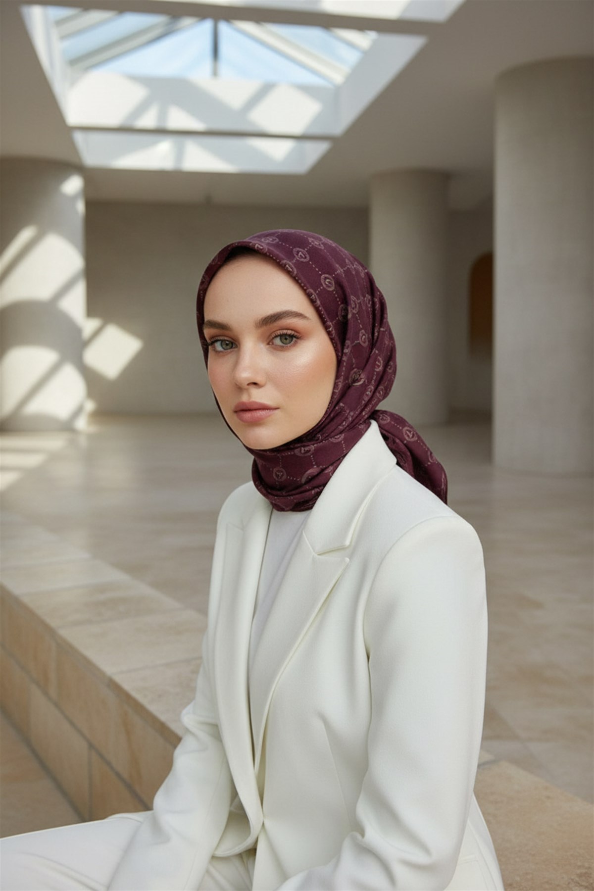 %100 Twill İpek Monogram Desenli Şarabi Renkli 90x90 Eşarp Dikim Şekli : El Dikişi