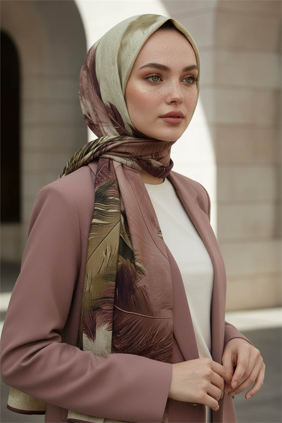 KREP YAPRAK DESENLİ GÜL KURUSU - BEJ RENKLİ 75X195 KIRIŞMAZ ŞAL