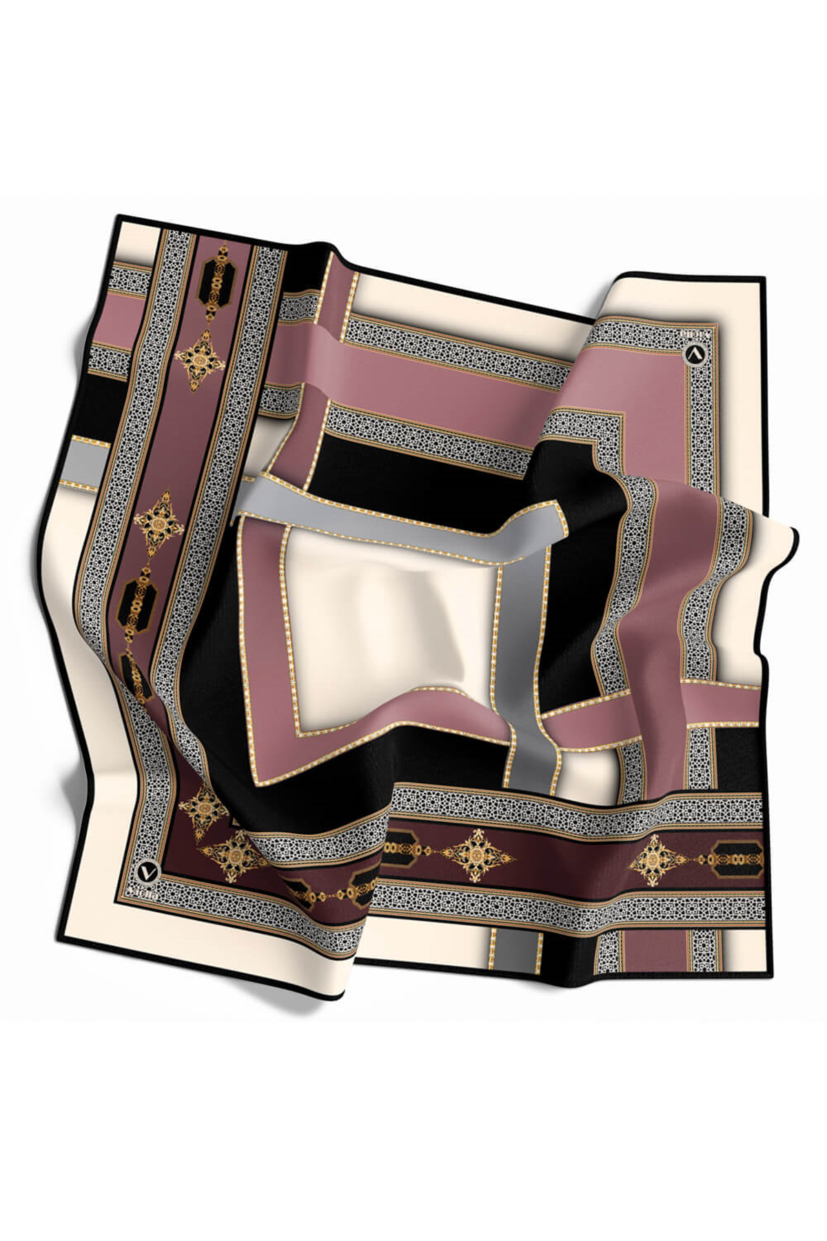 Twill Gold Detaylı ve Antik Motif Desenli Pudra Renkli 90x90 Eşarp (İpek İçermez) Kenar Dikiş Şekli El Dikişli