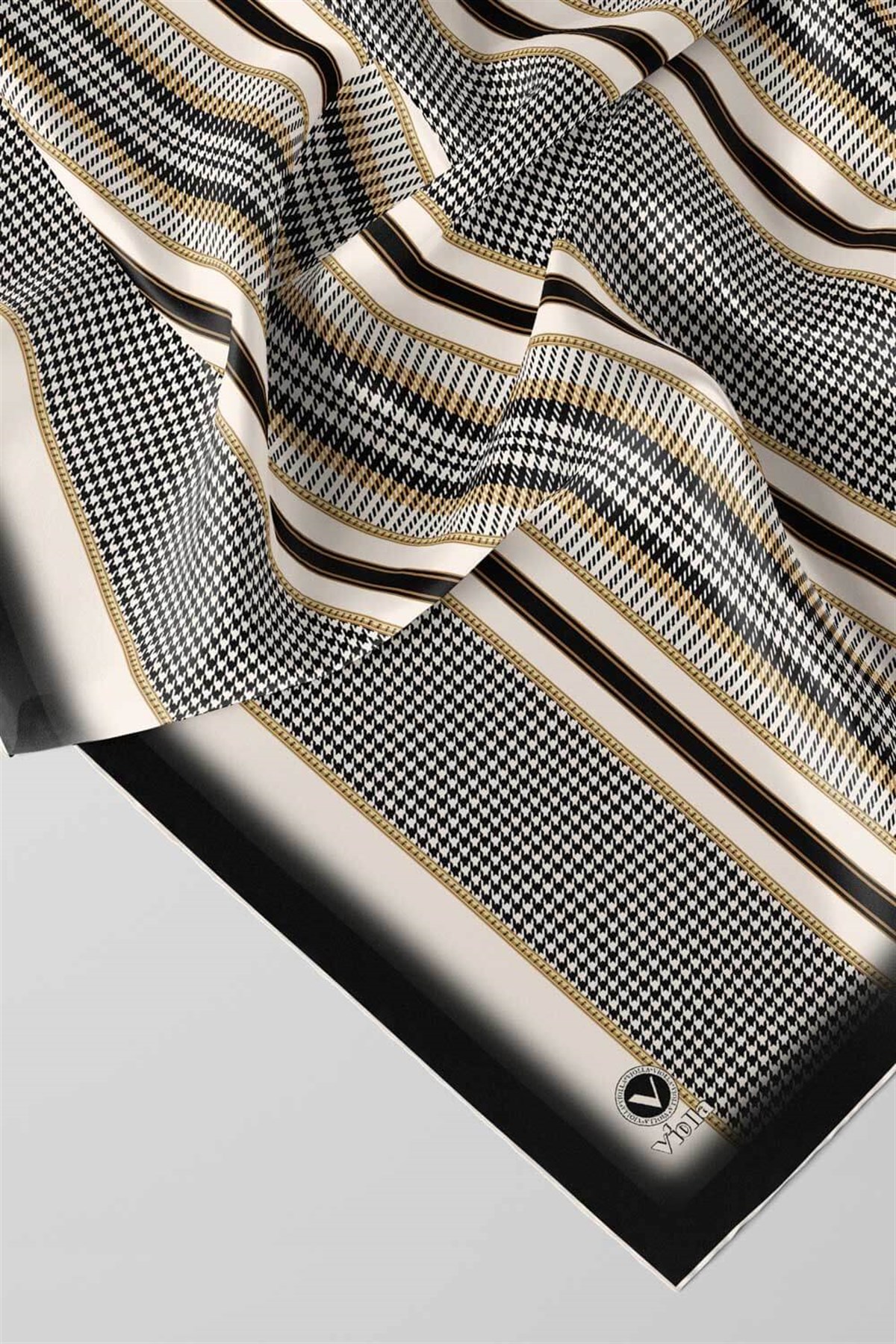 Twill Kazayaklı Şerit Desenli Siyah Renkli 90x90 Eşarp (İpek İçermez) Kenar Dikiş Şekli El Dikişli