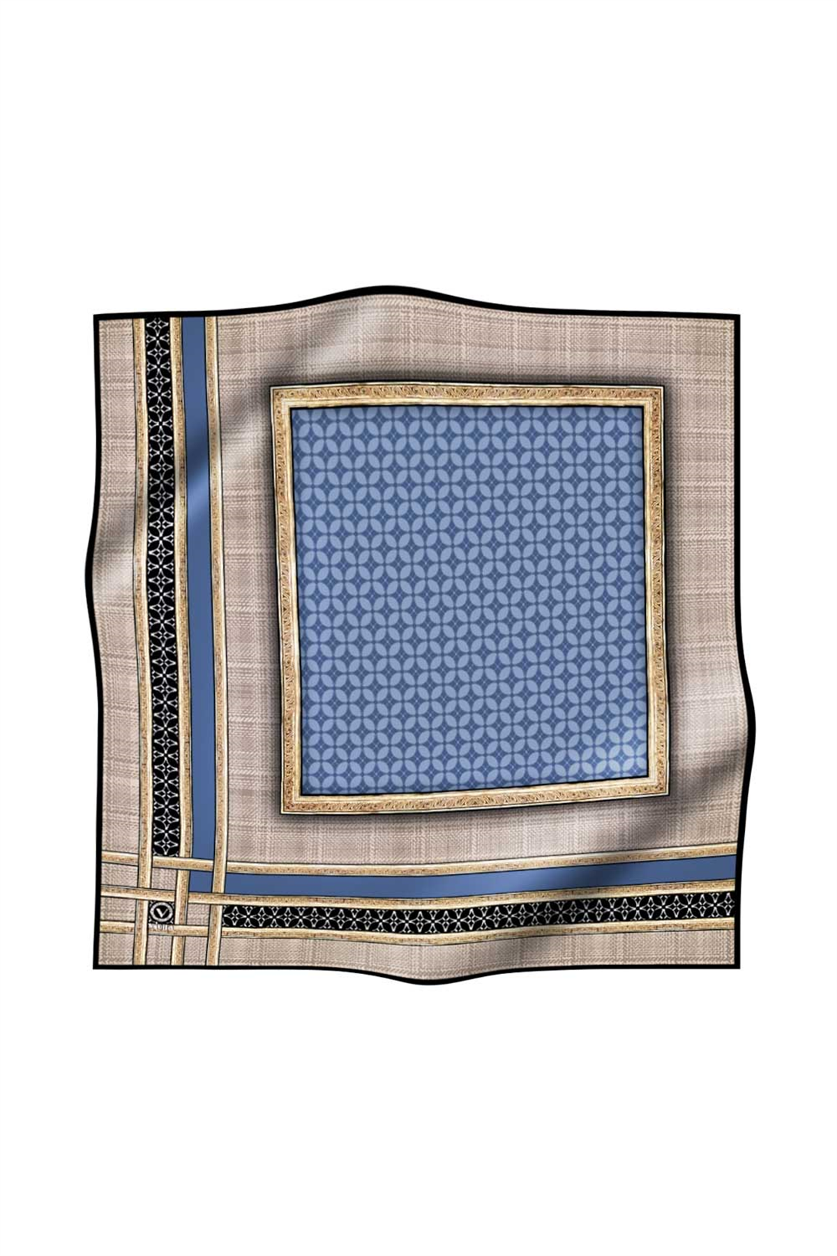 Twill Gold Bordürlü Geometrik Desenli Bebe Mavisi Renkli 90x90 Eşarp (İpek İçermez) Kenar Dikiş Şekli El Dikişli