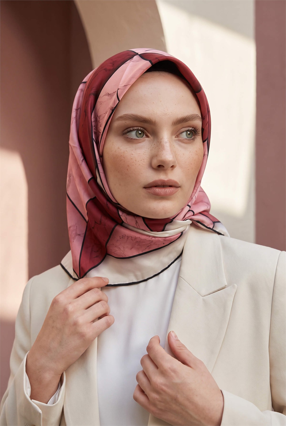 Rayon Mermer Desenli Pudra - Gül Kurusu Renkli 90x90 Eşarp (İpek İçermez) Kenar Dikiş Şekli El Dikişli