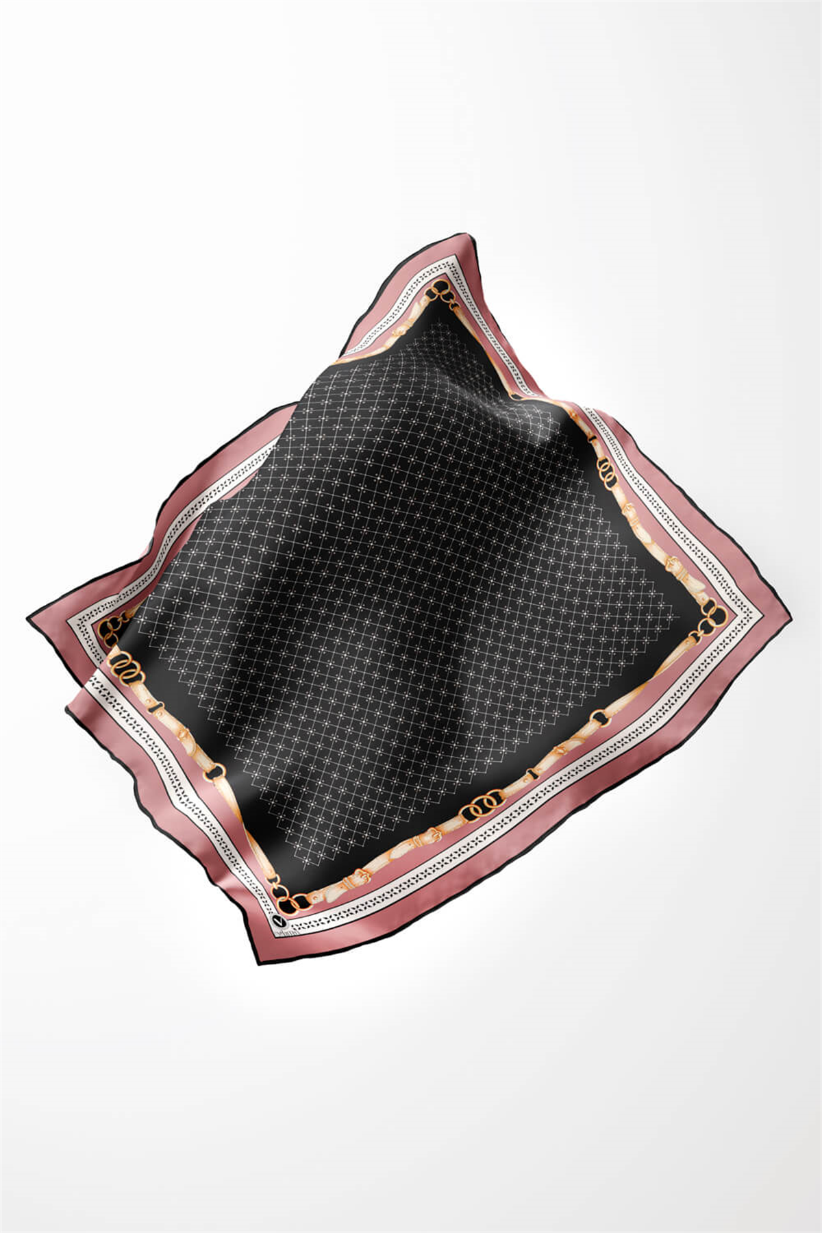 Twill Kemerli ve Çıtır Motifli Desenli Pudra Renkli 90x90 Eşarp (İpek İçermez) Dikim Şekli : El Dikişi