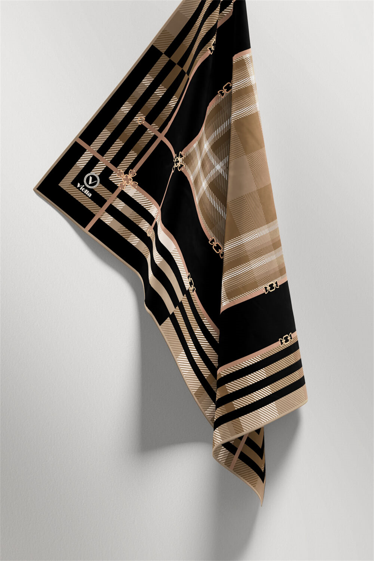 Twill Kemerli ve Ekose Desenli Siyah Renkli 90x90 Eşarp (İpek İçermez)Kenar Dikiş Şekli El Dikişli