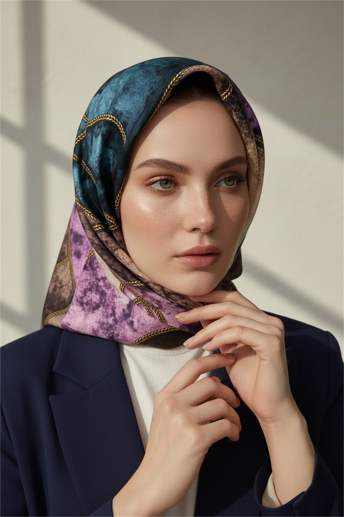 %100 Twill İpek Zincirli Mermer Desenli Petrol Yeşili - Lila Renkli 90x90 Eşarp Dikim Şekli : El Dikişi