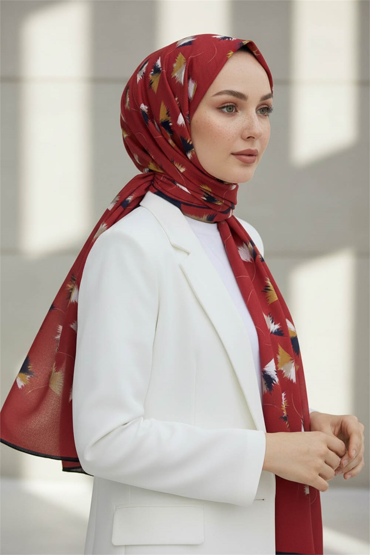 KREP YAPRAK DESENLİ BORDO RENKLİ 75X195 KIRIŞMAZ ŞAL
