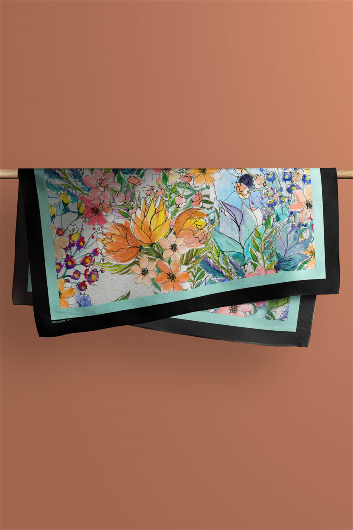 F43 Kadın Su Yeşili Siyah Jardin Desenli 50x50 Bandana HYL DG01111-22