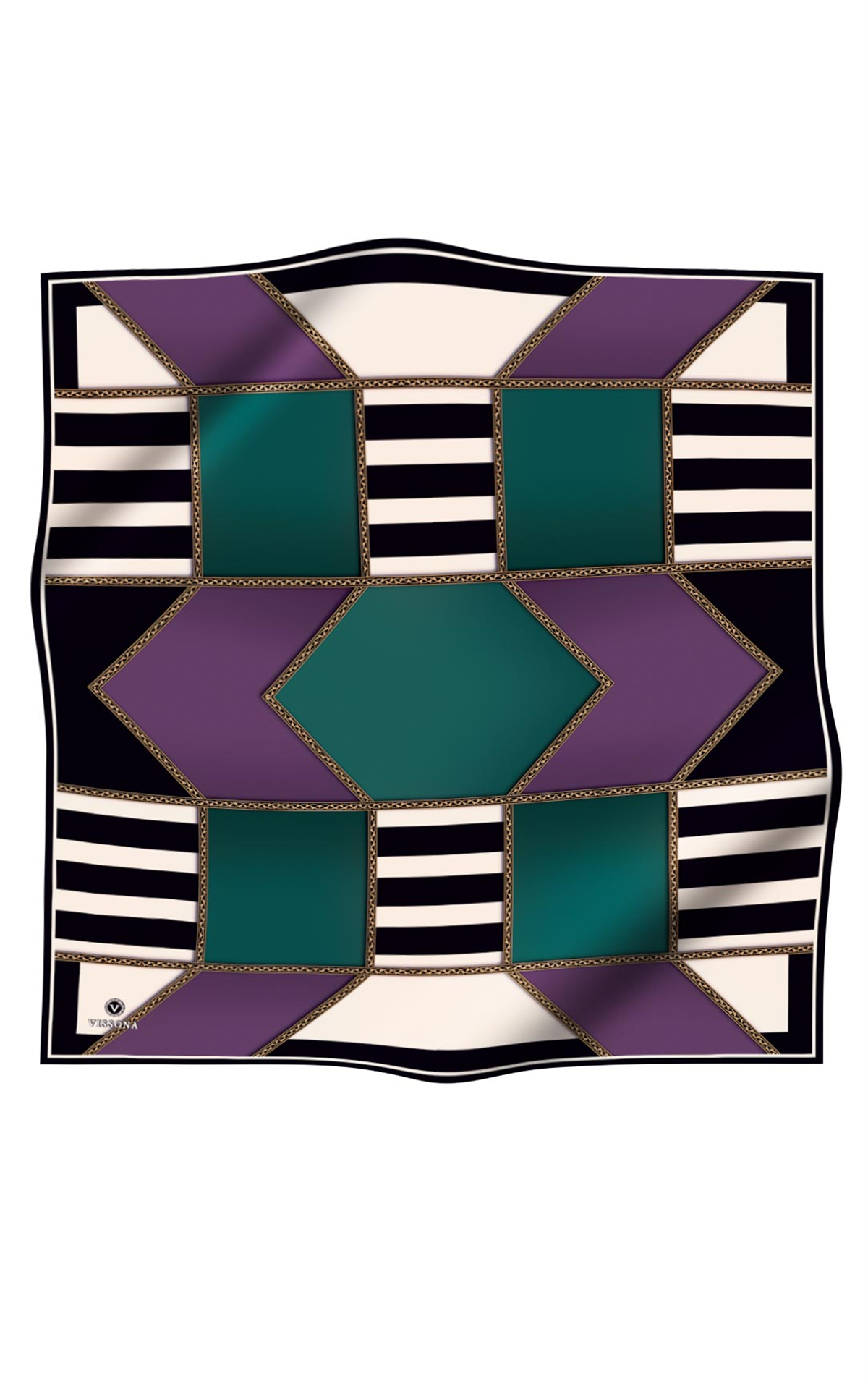 %100 Twill İpek Geometrik Desenli Lila - Petrol Yeşili Renkli 90x90 Eşarp Dikim Şekli : El Dikişi