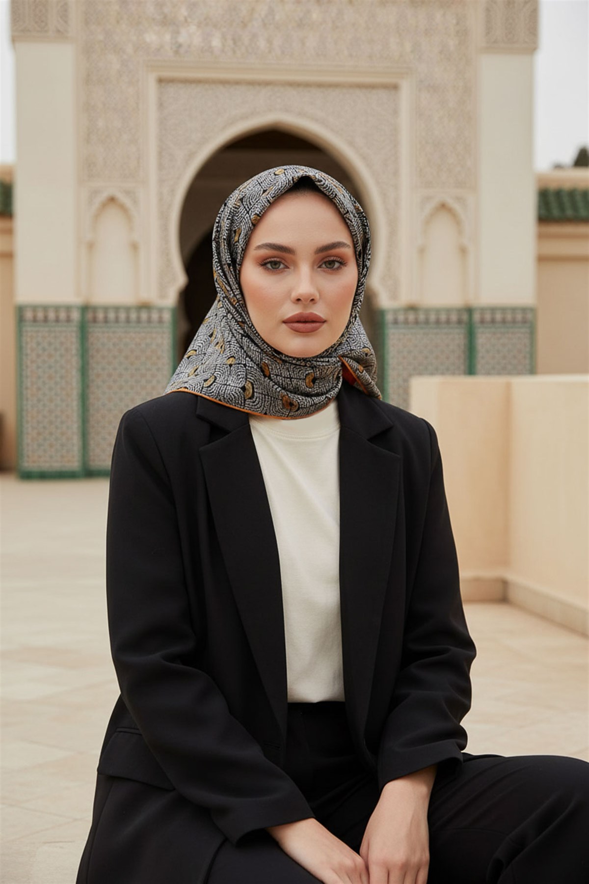 %100 Twill İpek Geometrik Desenli Taba - Hardal Renkli 90x90 Eşarp Dikim Şekli : El Dikişi