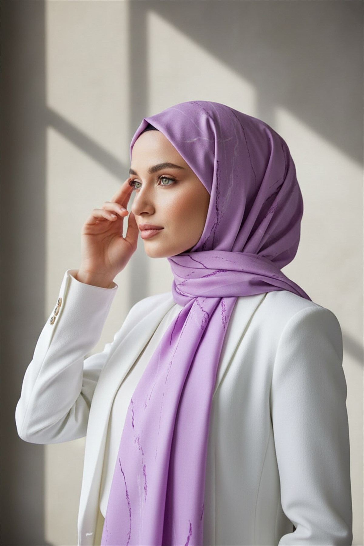 KREP MERMER DESENLİ LİLA RENKLİ 75X195 KIRIŞMAZ ŞAL