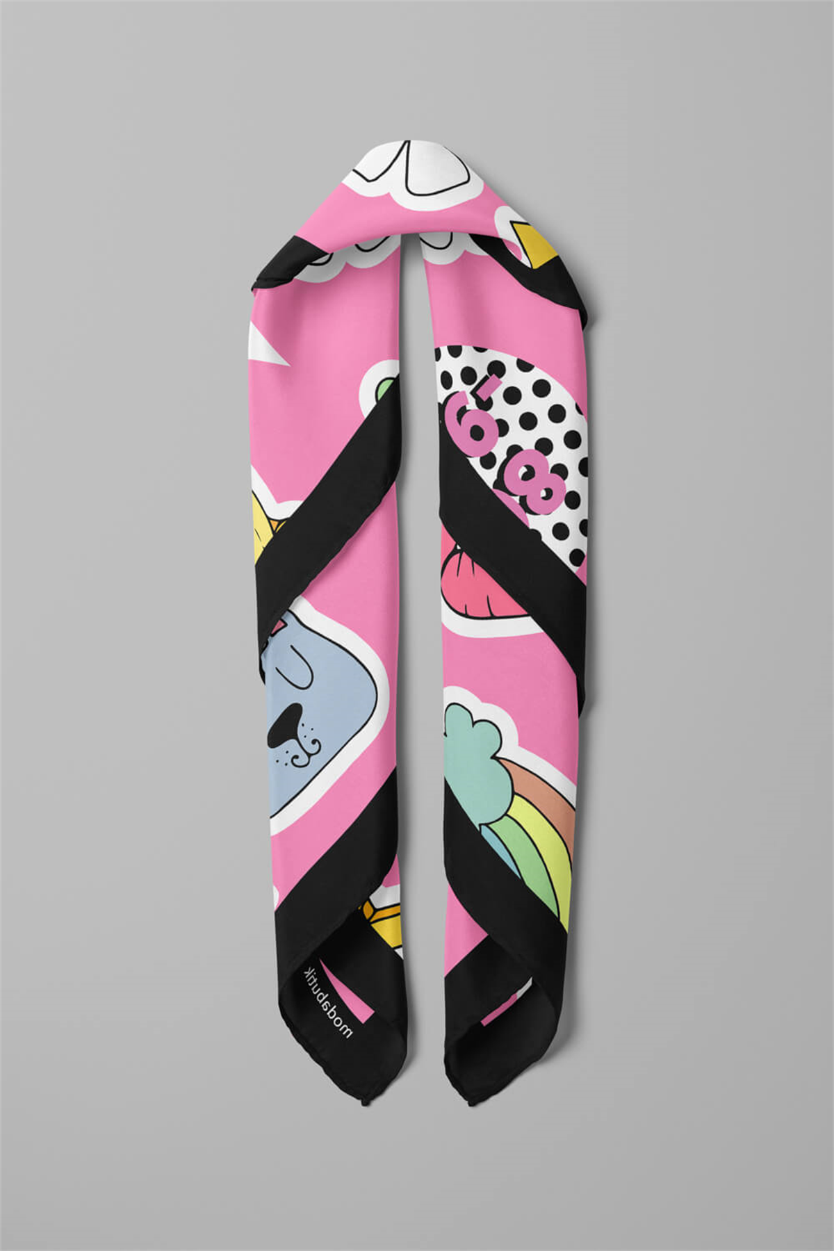 B75 Kadın Seda Desenli Bandana 50x50 Pembe DG0361-22 Snz