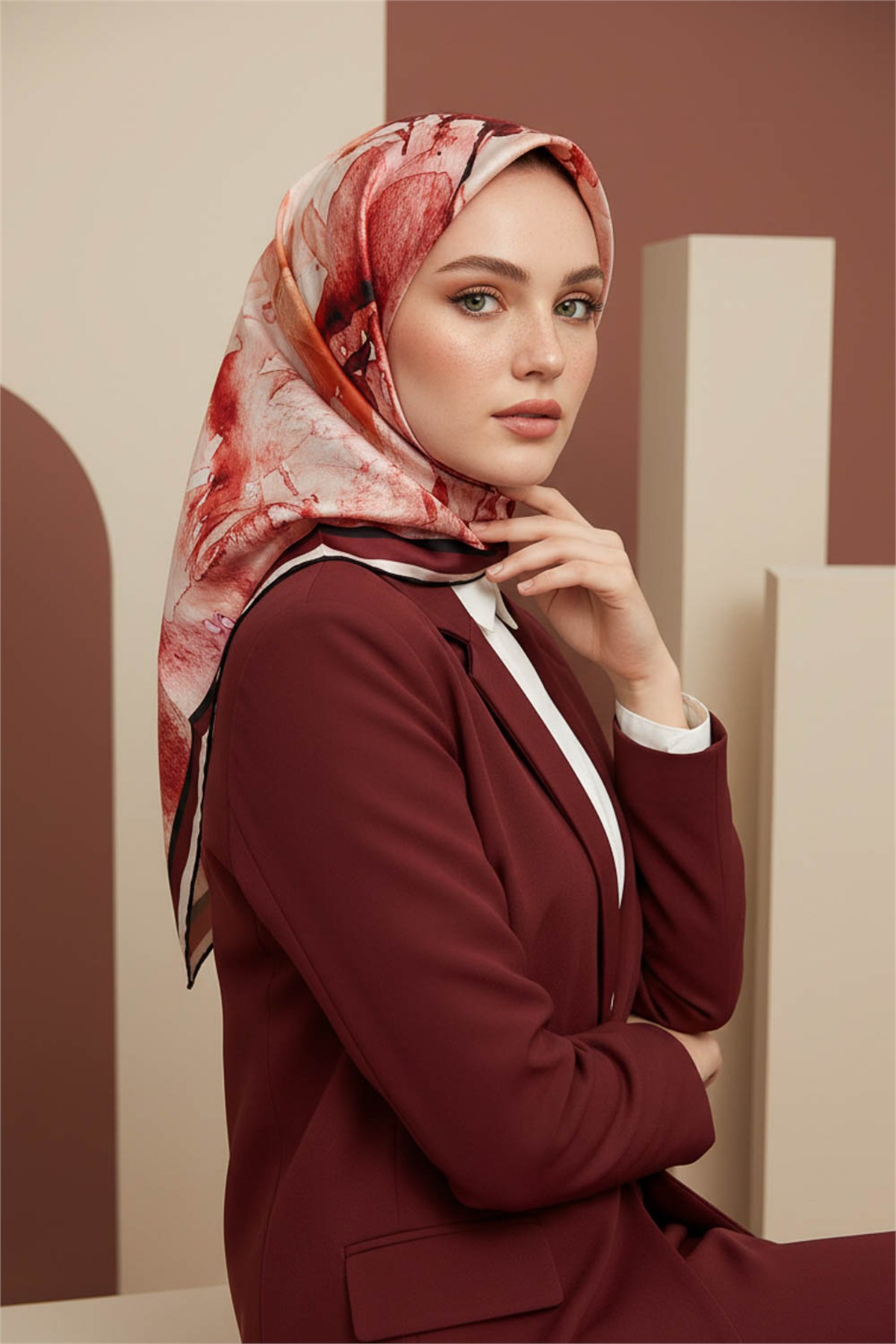 Rayon Sulu Boya Çiçek Desenli Bordo Renkli 90x90 Dikim Şekli : El Dikişi Eşarp (İpek İçermez)