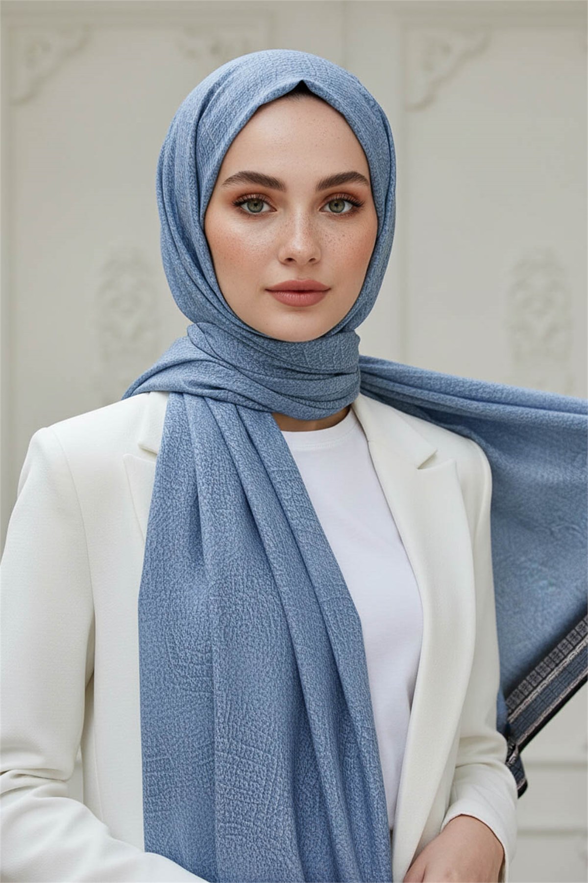 KREP DESENLİ BEBE MAVİSİ RENKLİ 75X195 KIRIŞMAZ ŞAL