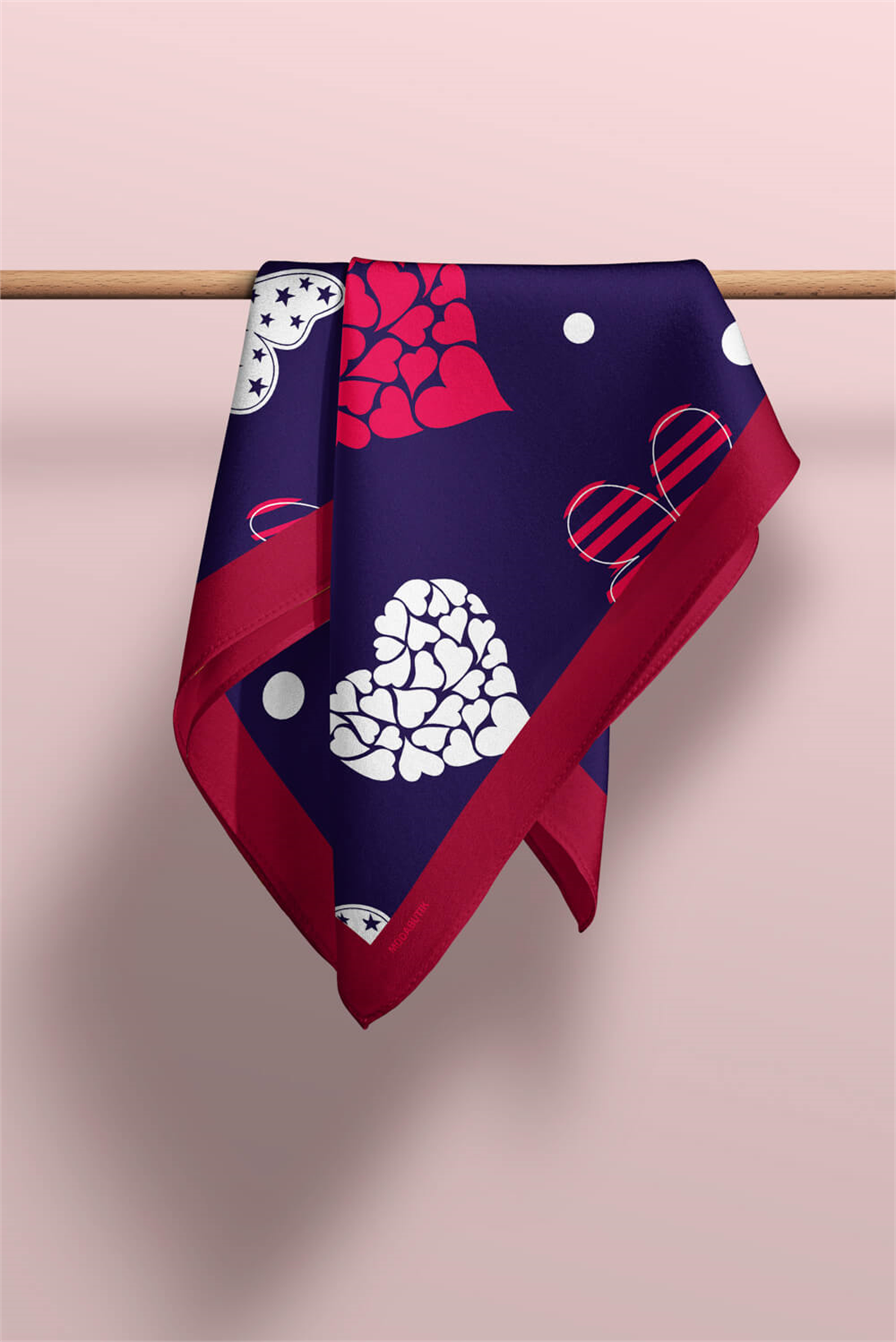 Y16 Kadın Kalp Ve Kelebek Desenli Bandana 50x50 Kırmızı Beyaz Mavi DG0471-22