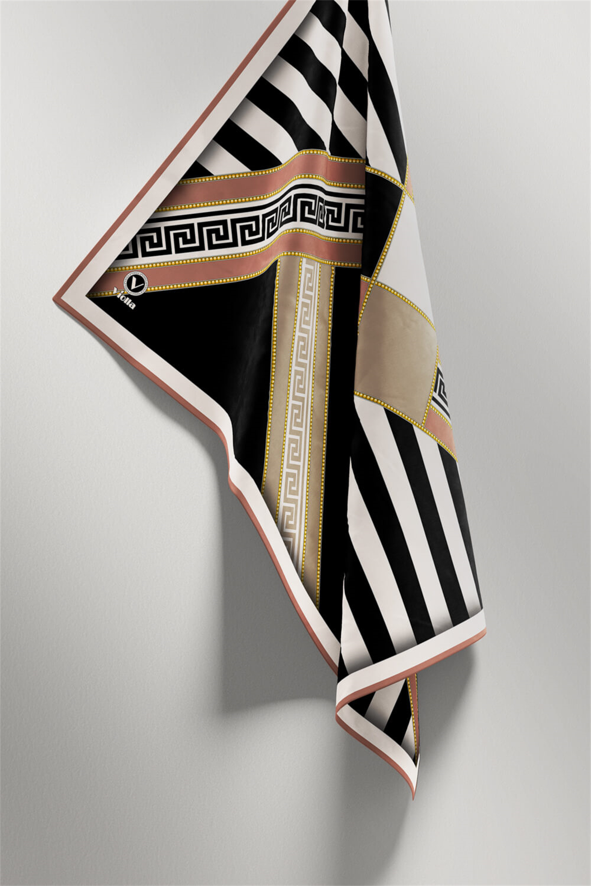 Twill Çizgili Geometrik Desenli Somon Renkli 90x90 Eşarp (İpek İçermez) Kenar Dikiş Şekli El Dikişli